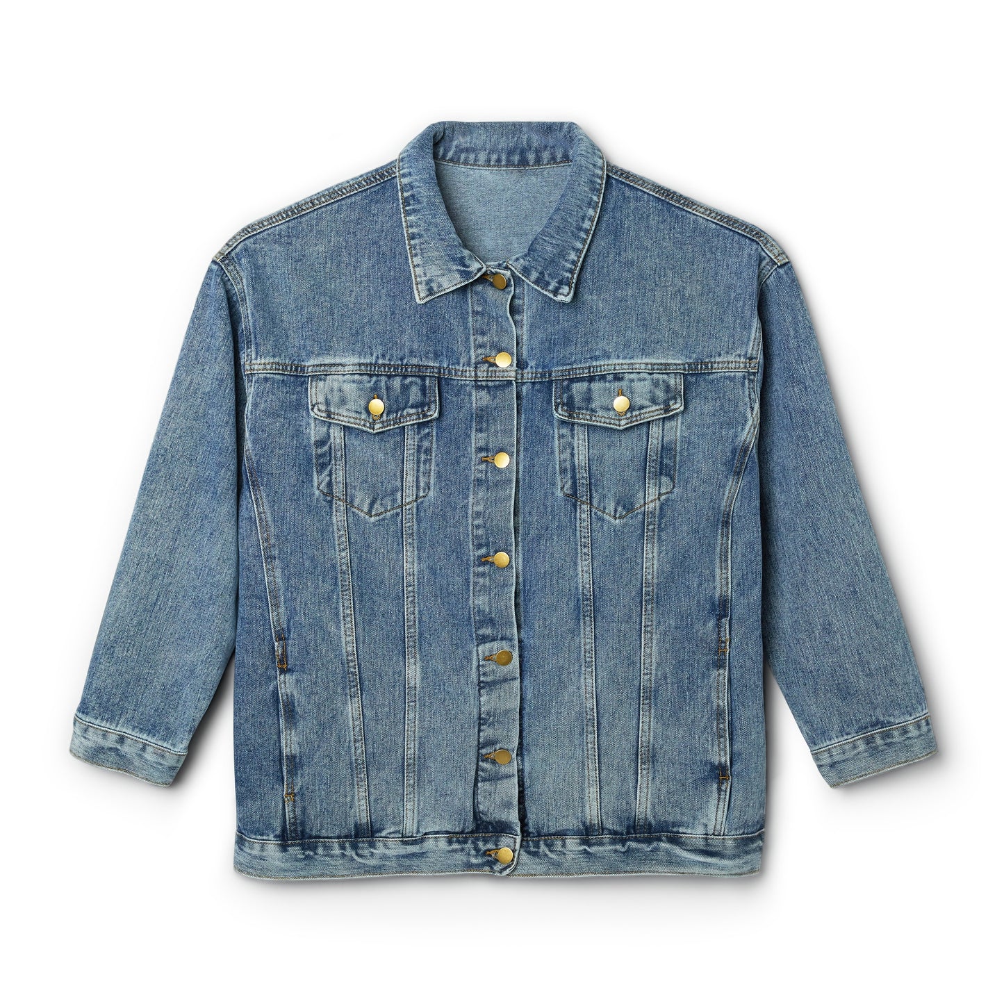 Printify Women's Surfer-Girl Denim Jacket laid out flat on a white background with button-front closure.
