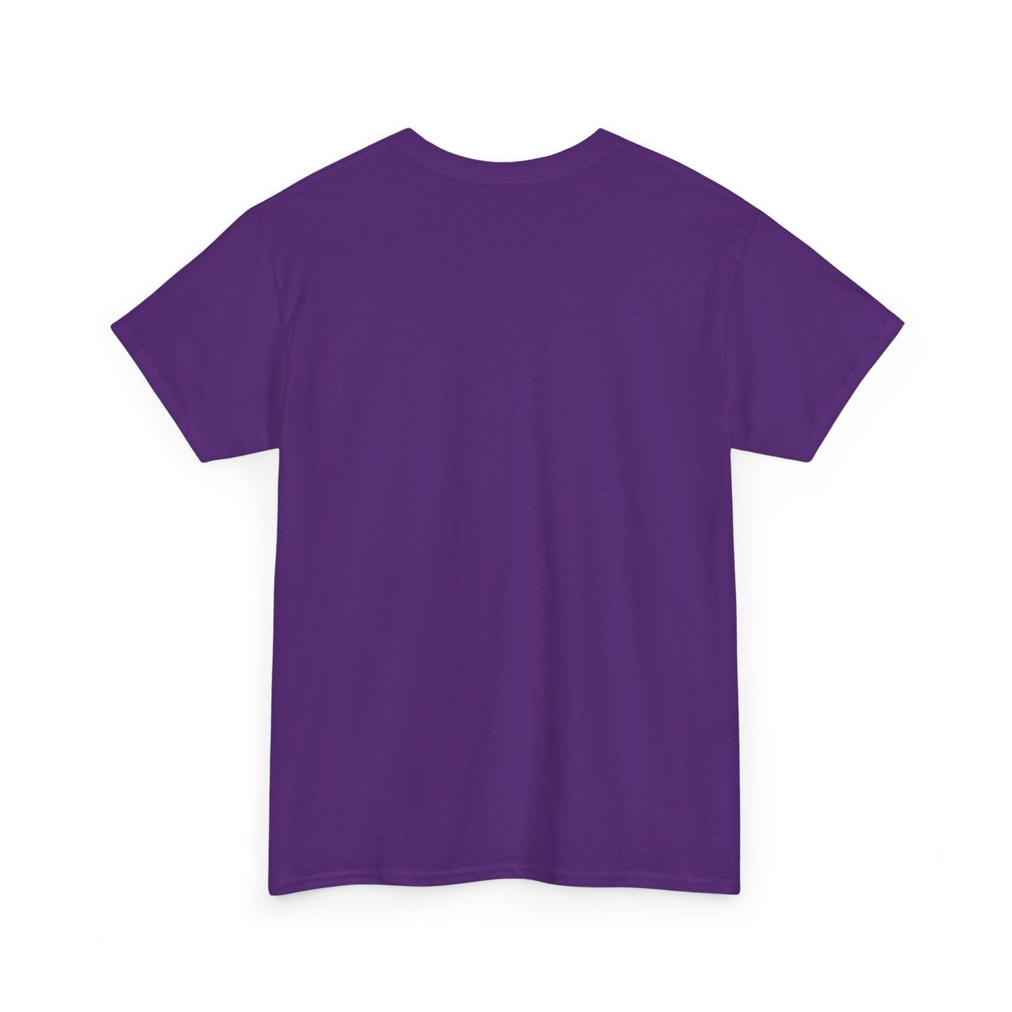 The Black Cat Halloween T-shirt: Purple by Printify is a cotton short-sleeve tee shown laid flat with the back up on a white background, ideal for cat lovers or as a unique Halloween shirt ready for customization.