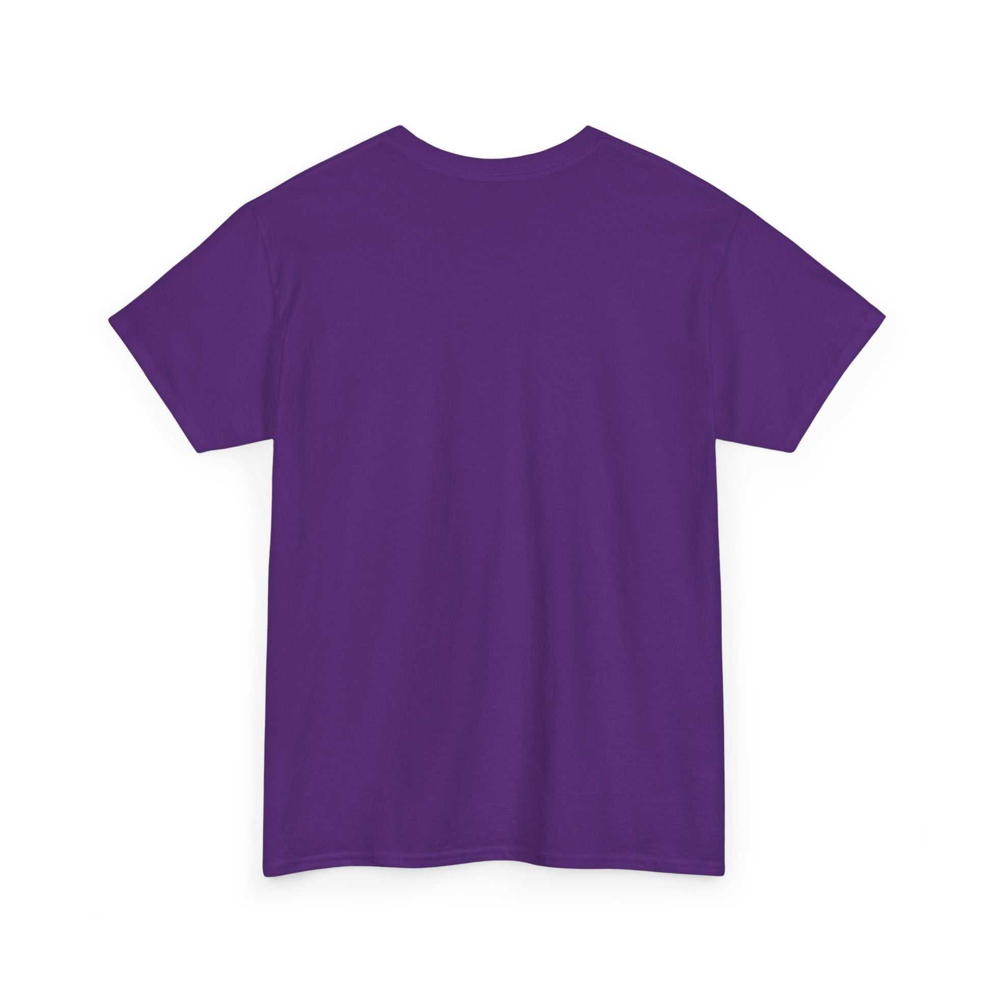 The Black Cat Halloween T-shirt: Purple by Printify is a cotton short-sleeve tee shown laid flat with the back up on a white background, ideal for cat lovers or as a unique Halloween shirt ready for customization.
