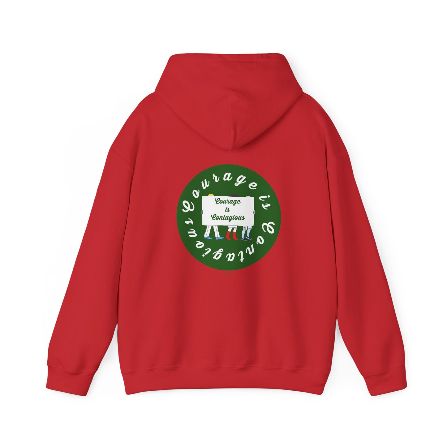 The Printify Courage Is Contagious Hoodie: Mental Health Awareness features a green and white circular back graphic with people holding a "Courage is Contagious" sign. Ethically made, this mid-weight hoodie offers comfort and style.