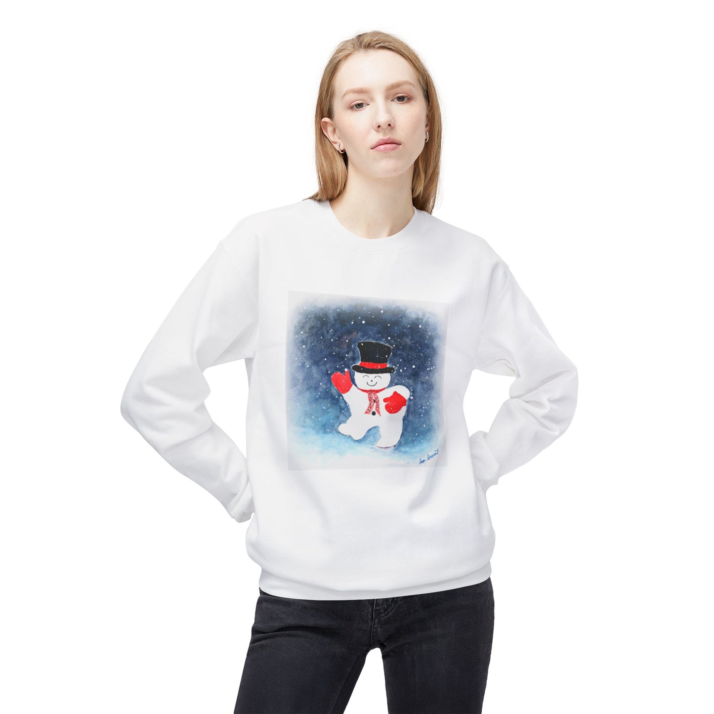 A woman stands in falling snow, wearing the Printify Snowman Holiday Crewneck Sweatshirt: Cute Winter Design, featuring a cheerful snowman—perfect for bringing festive charm to your winter wardrobe.