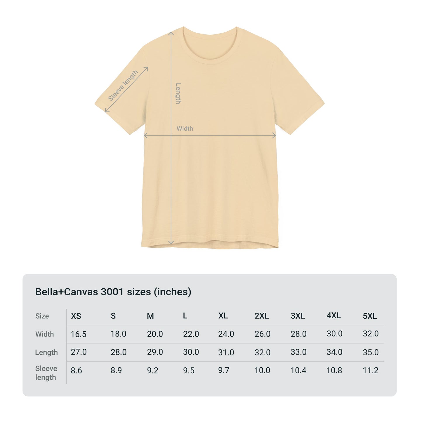A beige Printify Voting Women's T-shirt displayed on a white background with a size chart showing measurements for Bella + Canvas 3001 sizes from XS to 5XL.