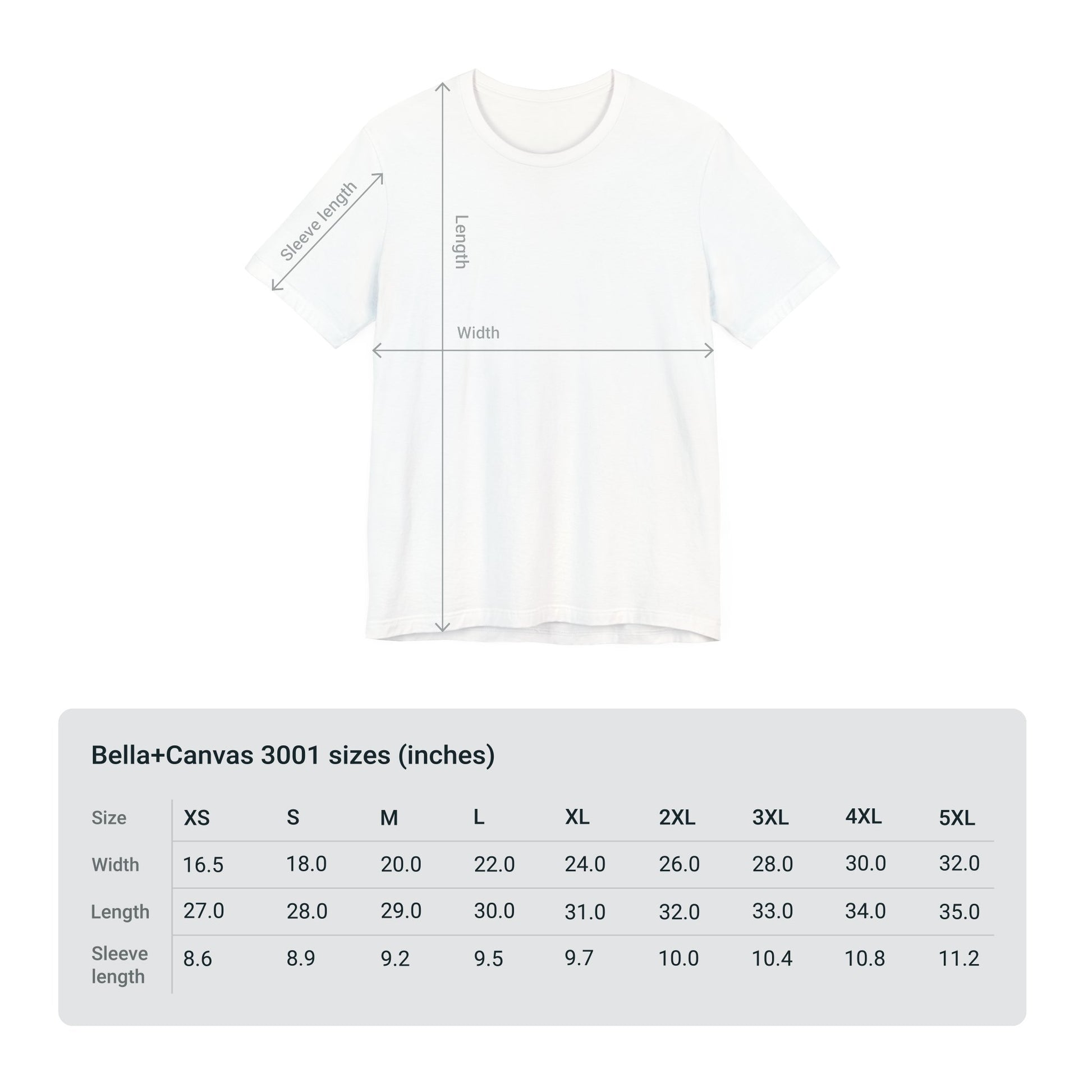 Flat white front with size chart