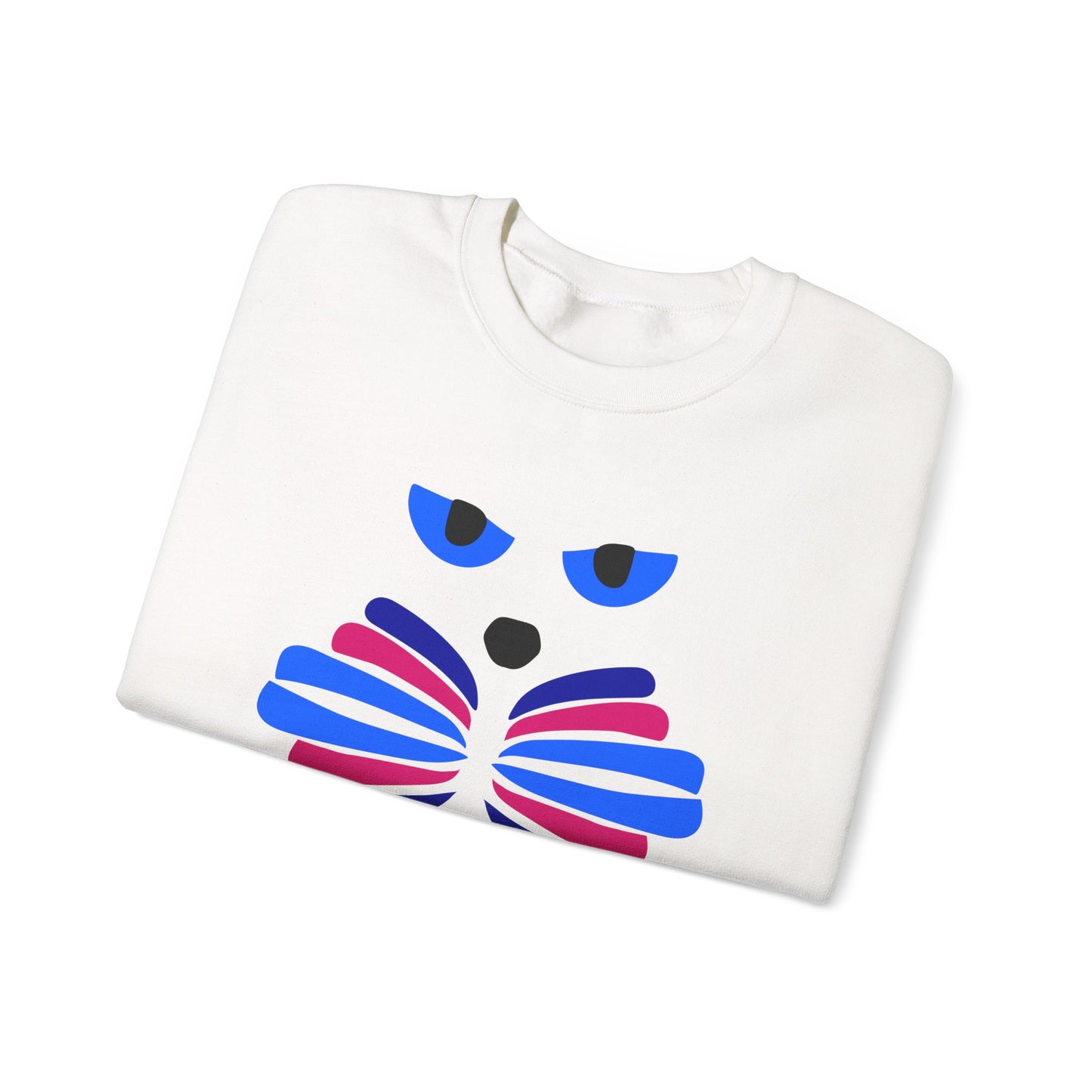 The Whimsical Cat Graphic Sweatshirt by Printify is a unisex crewneck featuring a minimalist white design with playful blue and magenta cat art.