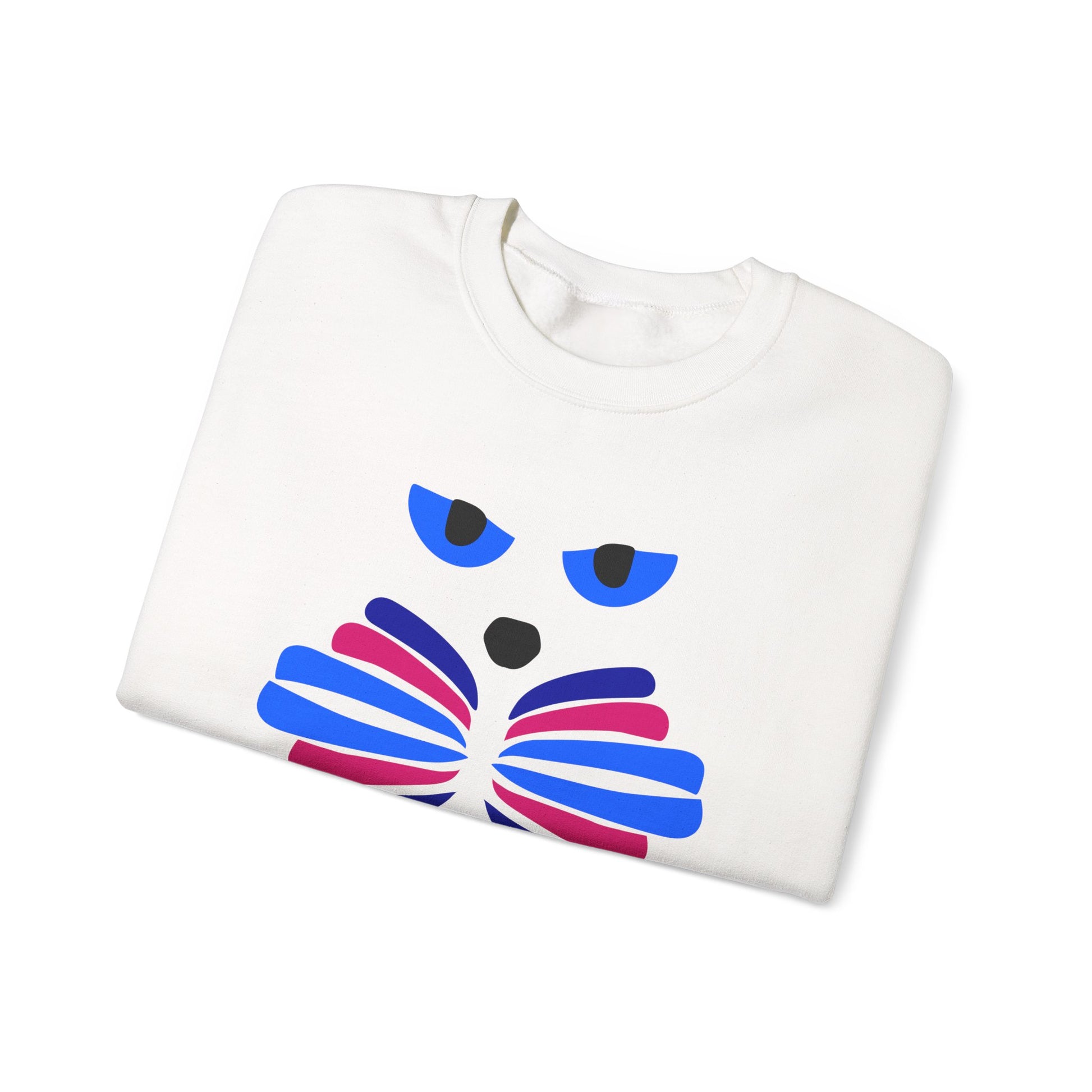 The Whimsical Cat Graphic Sweatshirt by Printify is a unisex crewneck featuring a minimalist white design with playful blue and magenta cat art.