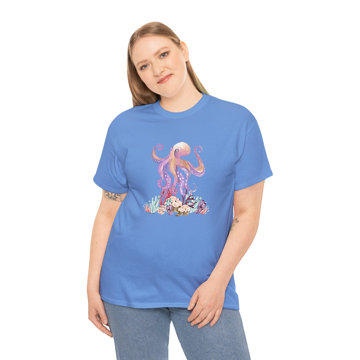 Mock up of a blonde-haired woman wearing the Carolina Blue shirt