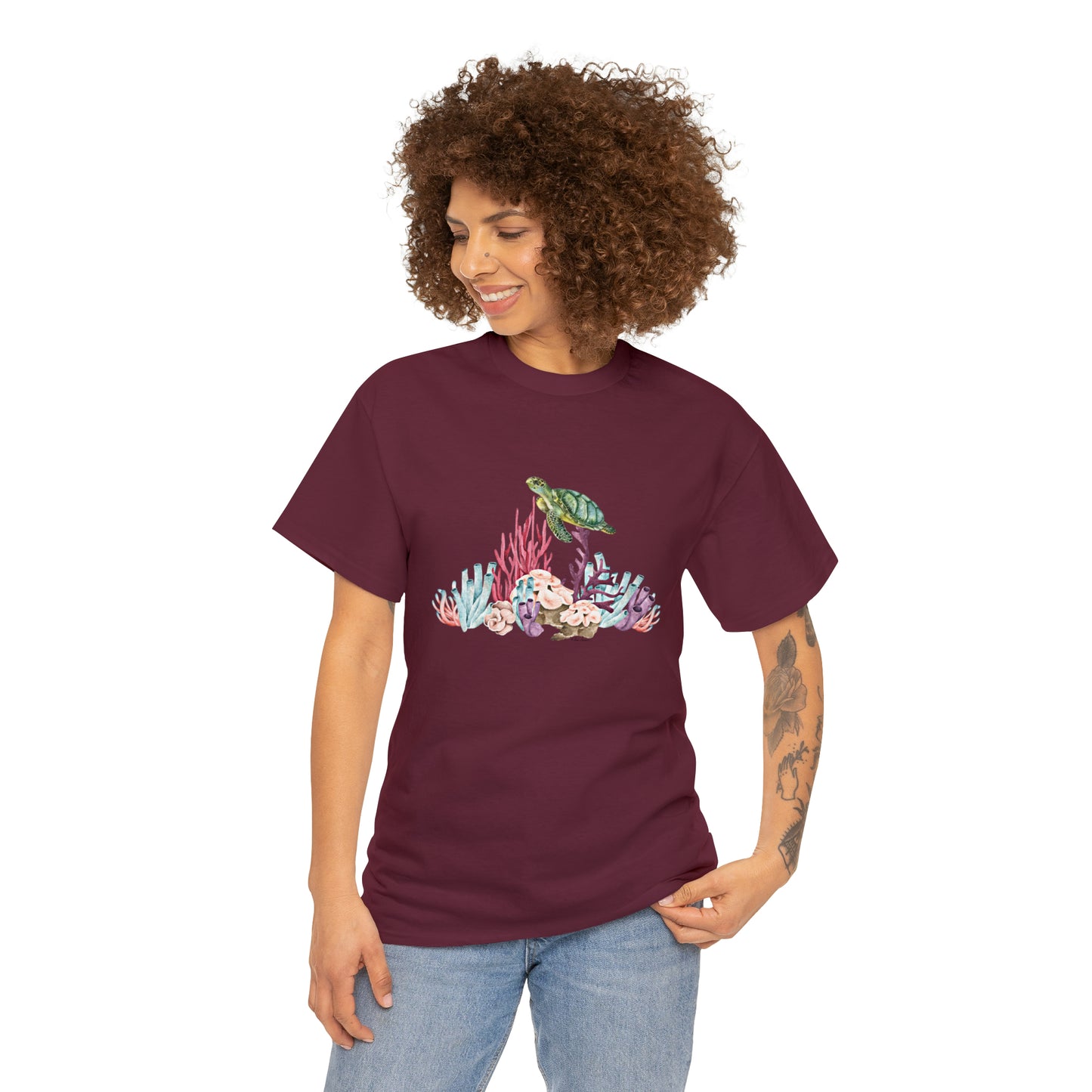 Mock up of a dark-haired woman wearing the Maroon shirt