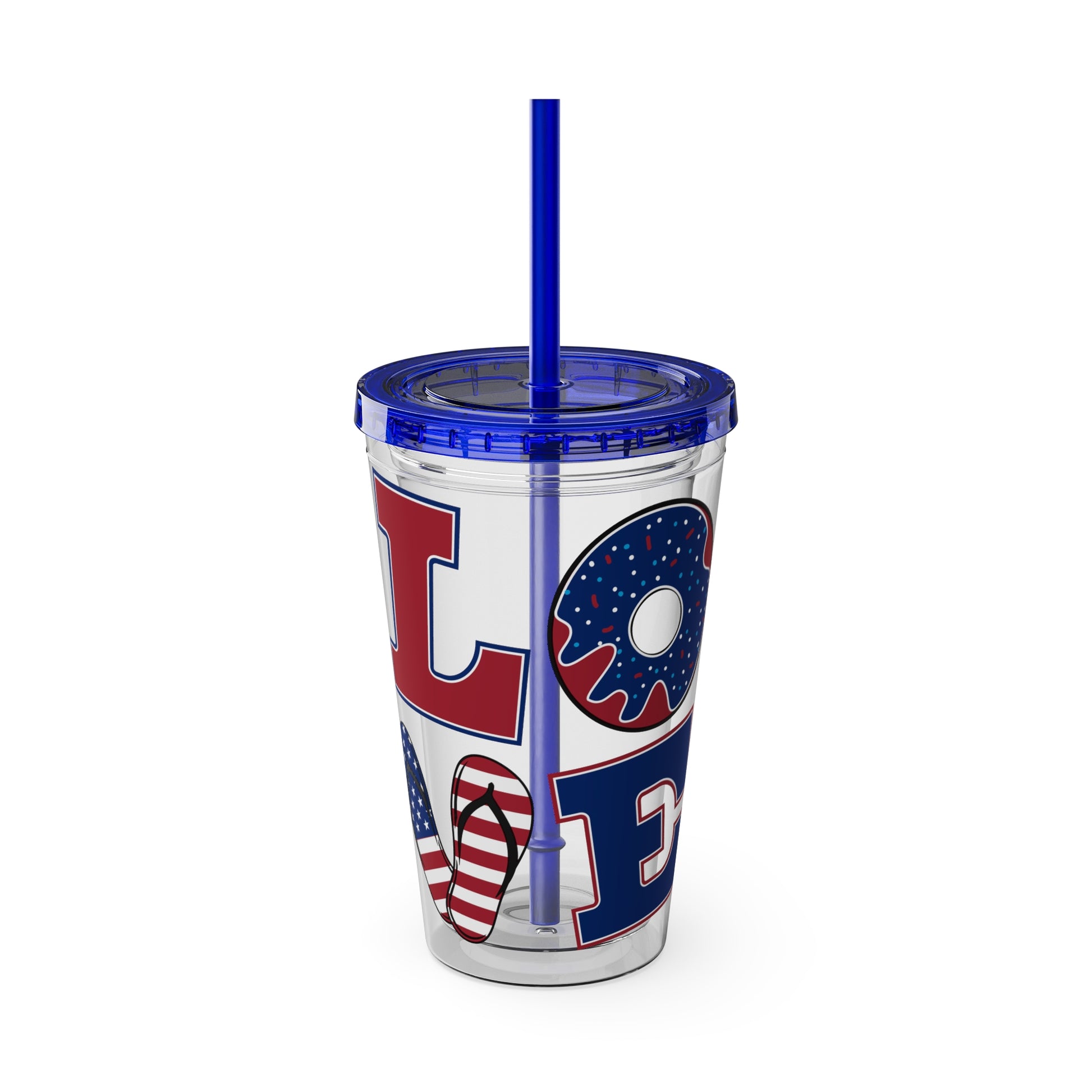 A Printify Love USA Tumbler with a red, white, and blue lid and a straw.