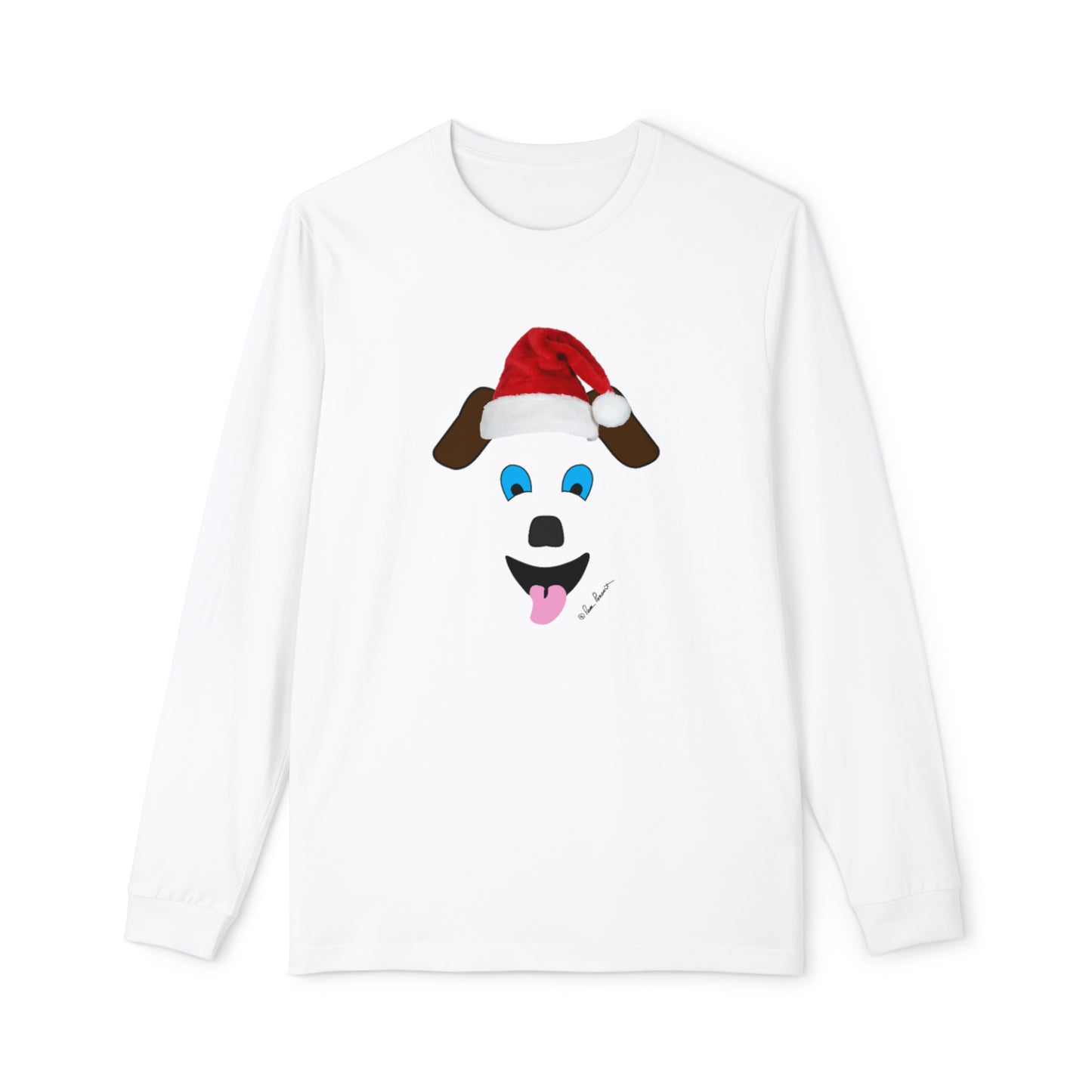 An American made Printify Men's Long-Sleeve Pajama-Set featuring a dog in a Santa hat. Made of 100% cotton.