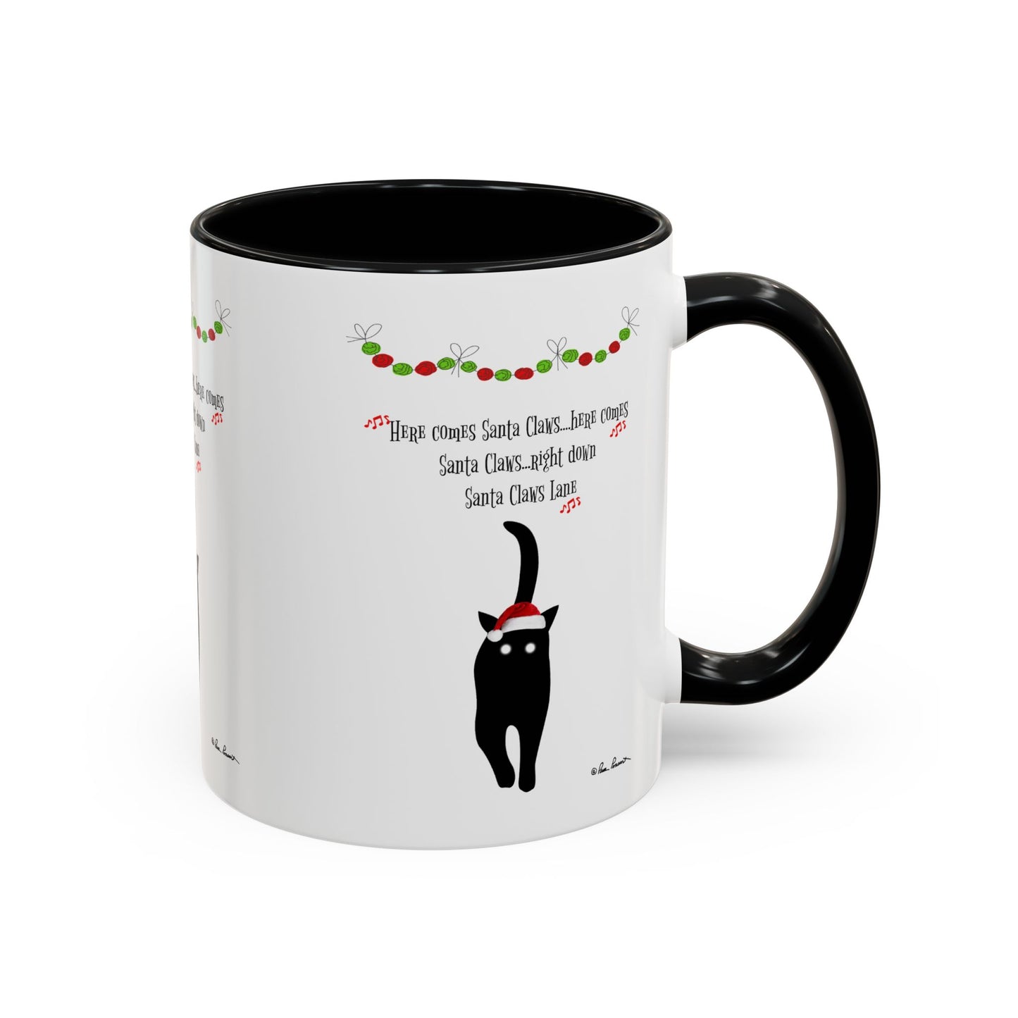 The Festive-Cat Accent Coffee Mug by Printify is a perfect holiday gift for cat-lovers, featuring a black-cat in a Santa hat, festive garland, and “Here comes Santa Claws” on white ceramic with a black handle.