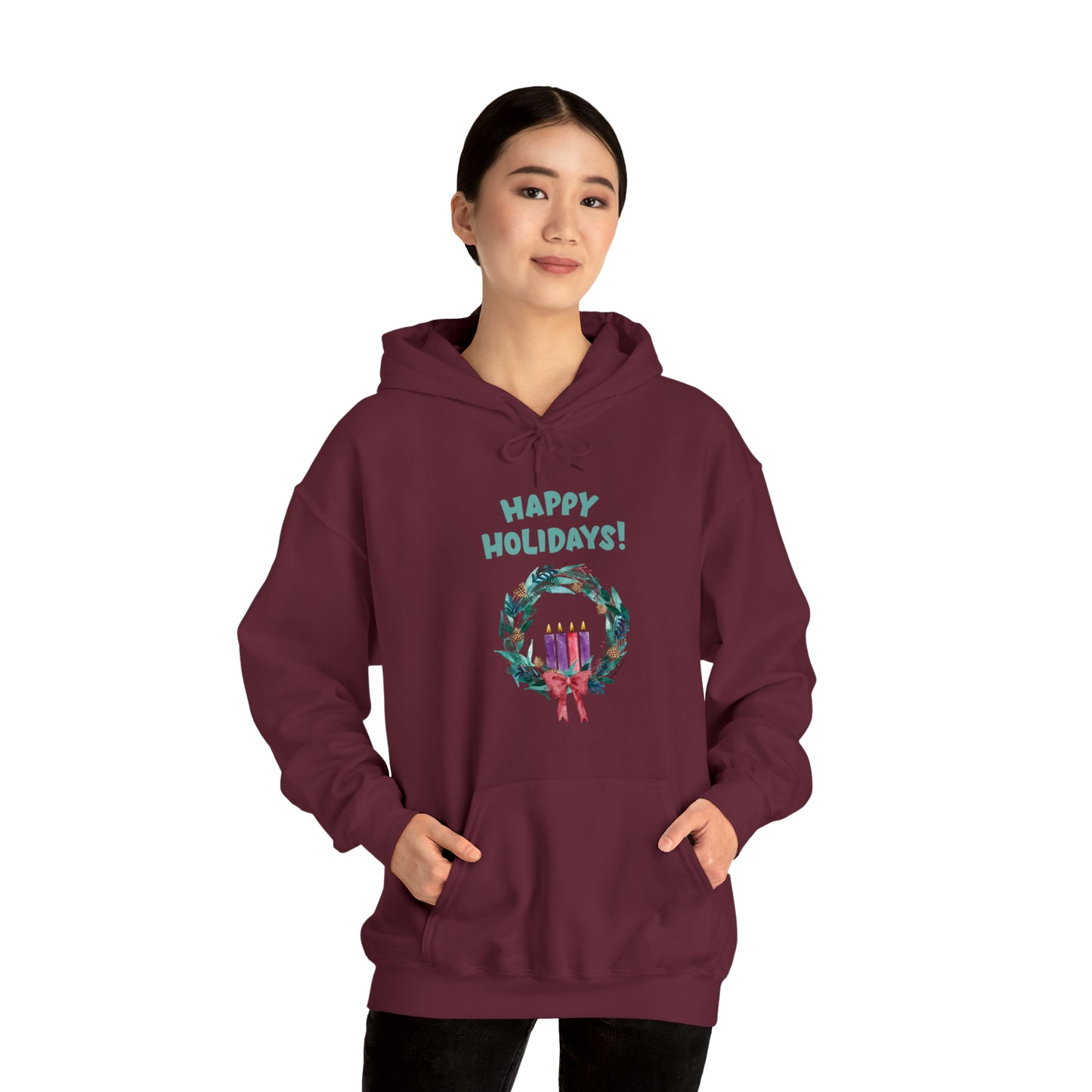 Mock up of a petite woman wearing the Maroon shirt