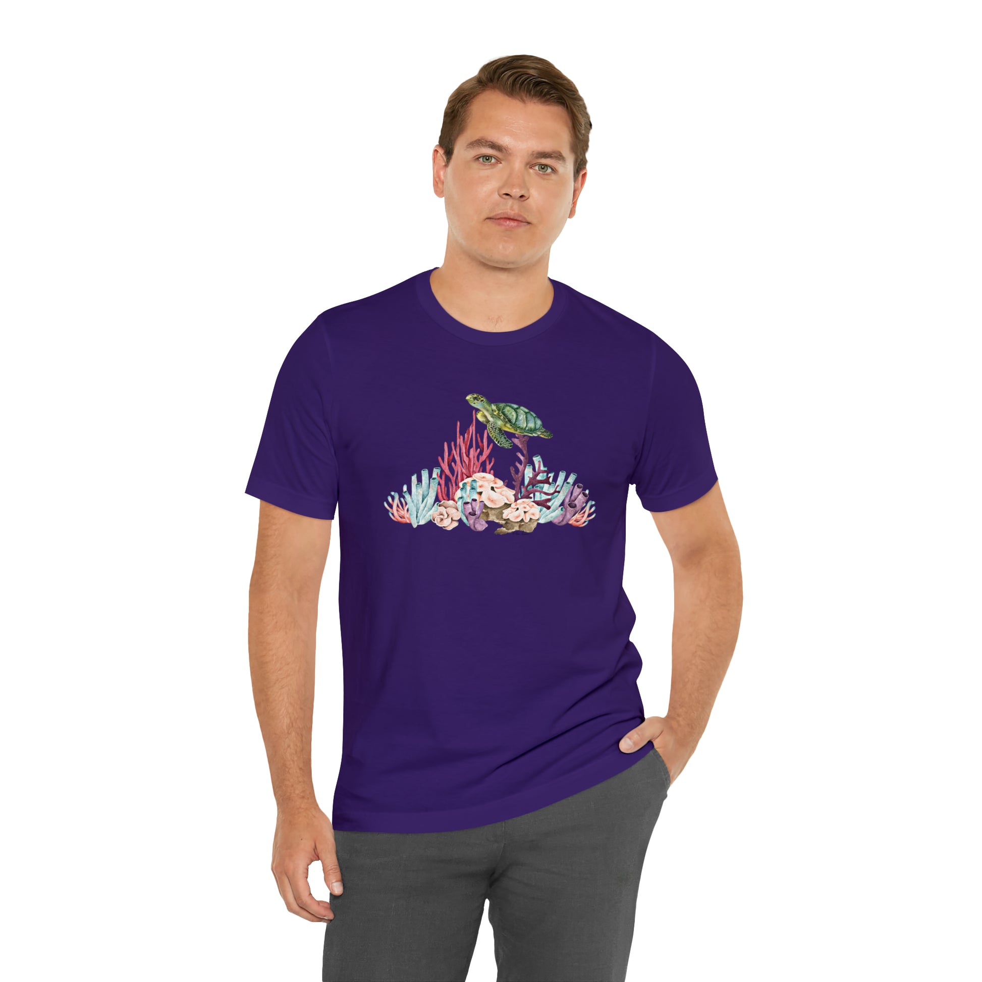 Mock up of a man wearing the purple shirt
