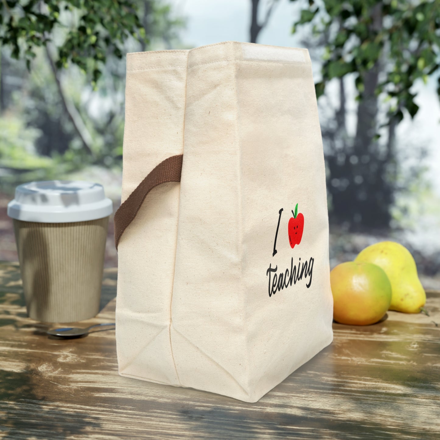 Mock up of side view of open lunch bag sitting on a surface