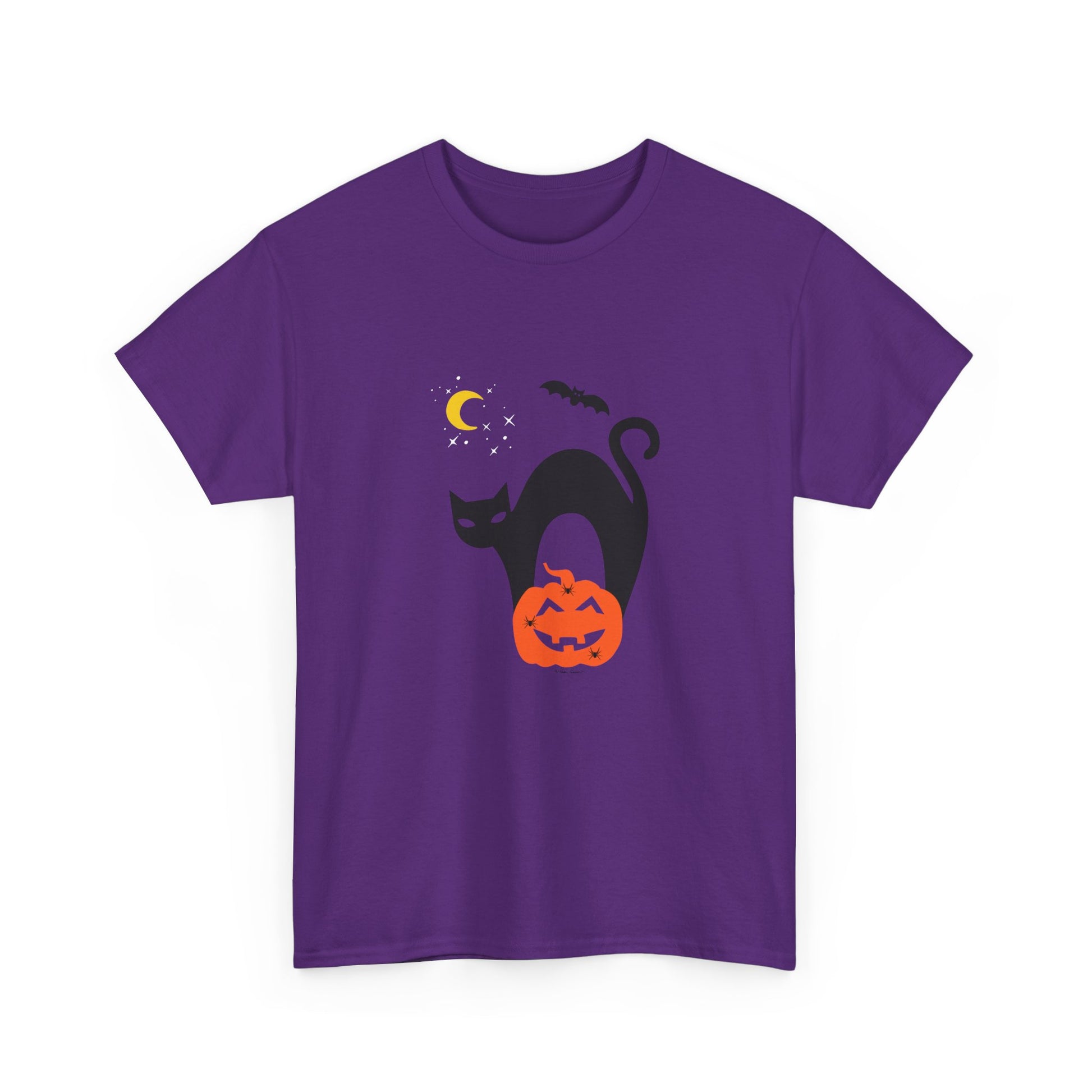 Printify’s Black Cat Halloween T-shirt in purple cotton features a spooky arched-back cat, jack-o'-lantern, crescent moon, stars, and a bat—perfect for any Halloween cat lover.