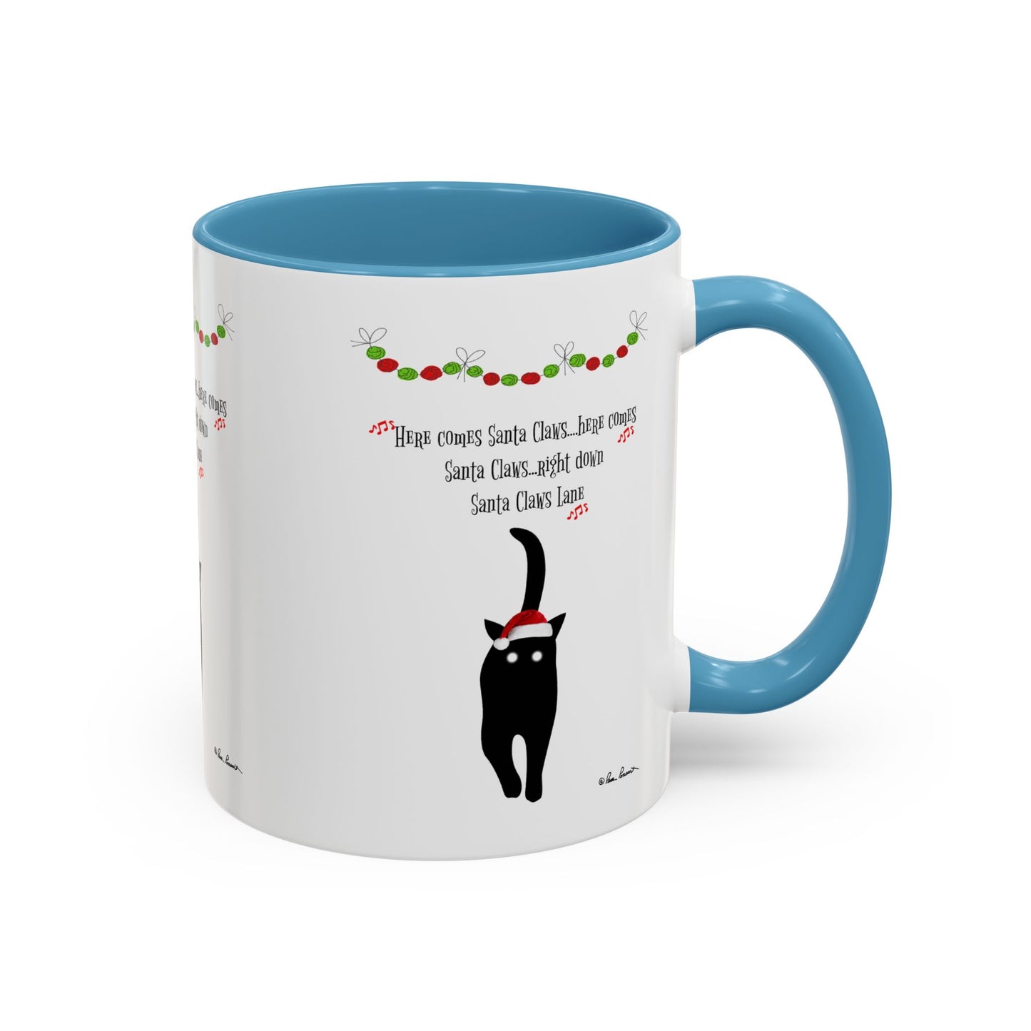 Celebrate the holidays with the Festive-Cat Accent Coffee Mug by Printify—a white mug with blue handle, black cat in a Santa hat, and festive garland. A perfect gift for cat-lovers or any Festive-Cat Coffee Mug fan!.