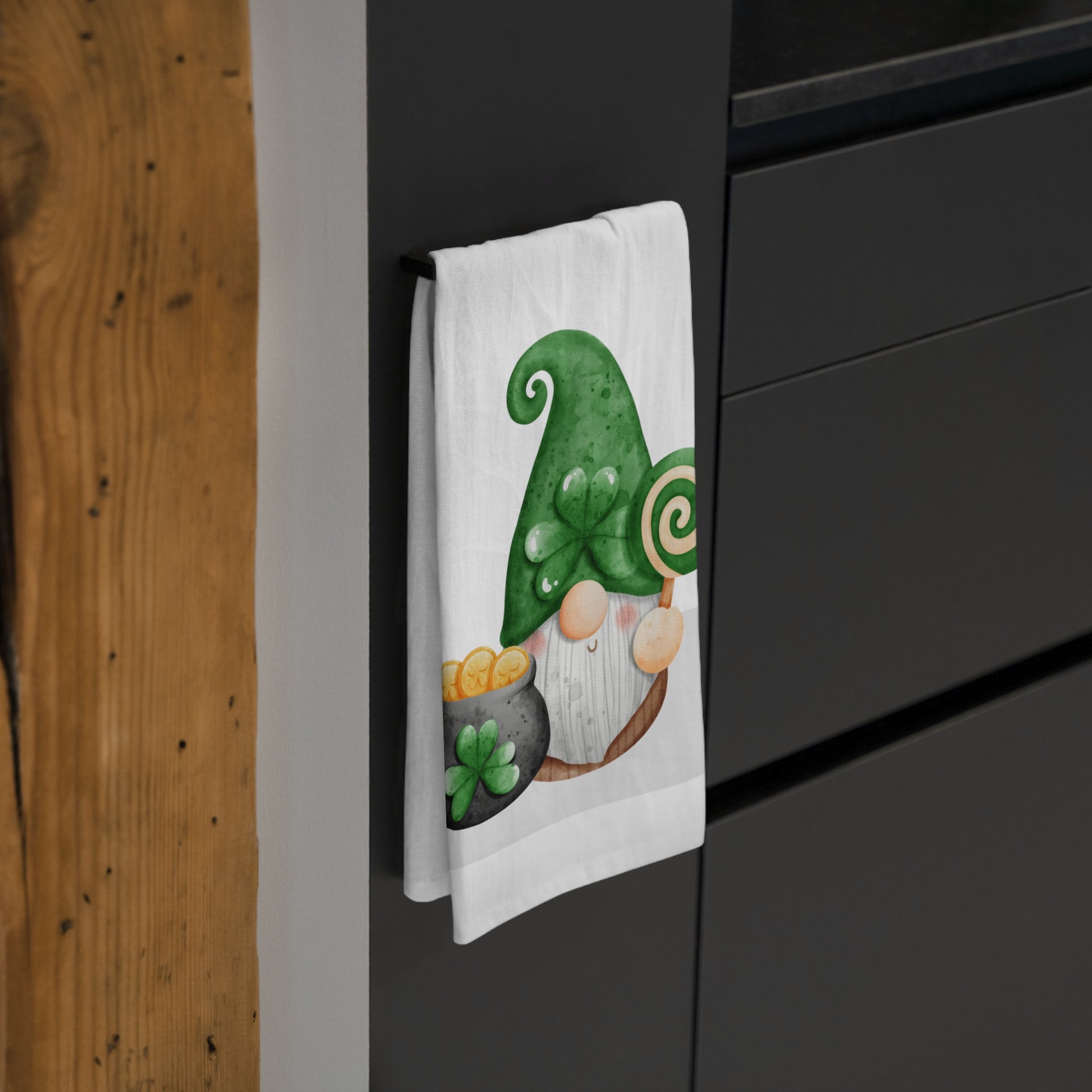 Printify's St. Patrick's Day Gnome kitchen towel made of 100% cotton.
