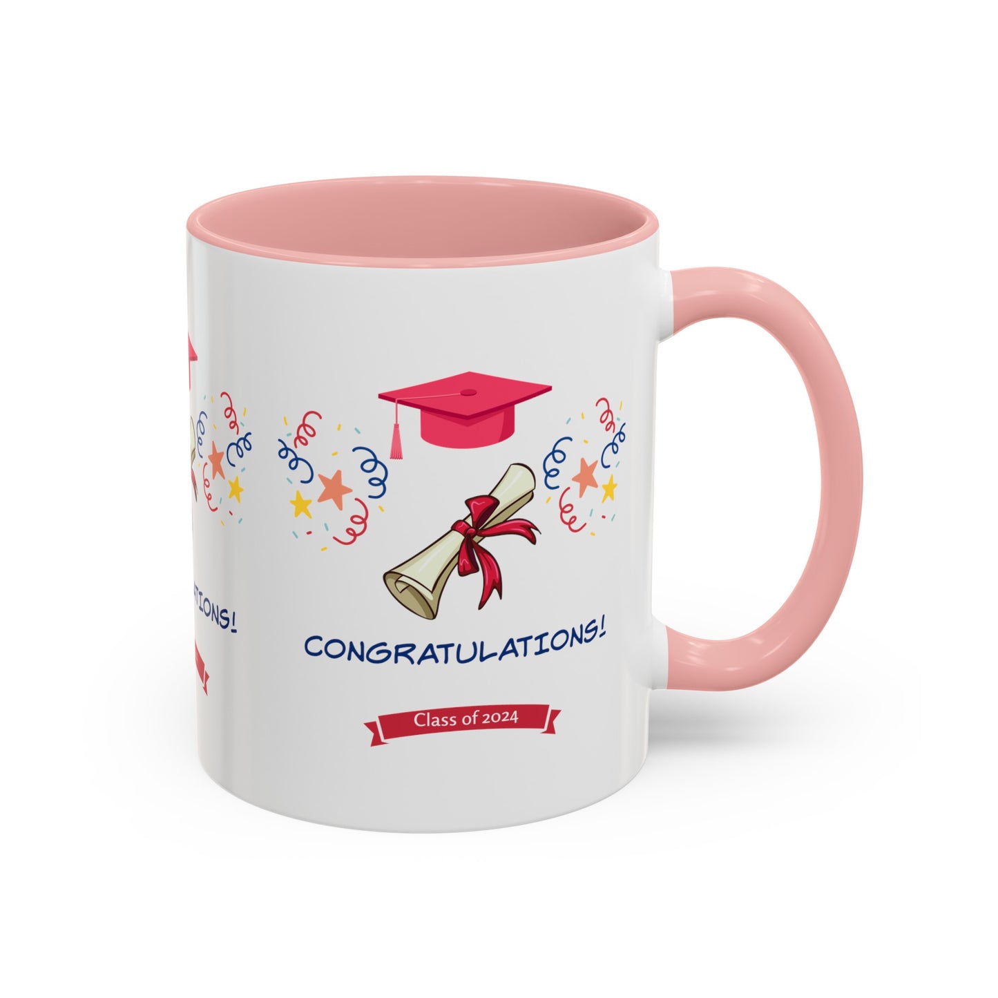 A white and pink 2024 Congratulations Mug: Graduation; 11 oz.; 2 Colors with graduation-themed graphics, including a cap, diploma, and stars, along with the text “CONGRATULATIONS! Class of 2024.” This American-made Printify mug is perfect for celebrating the achievements of any new graduate.