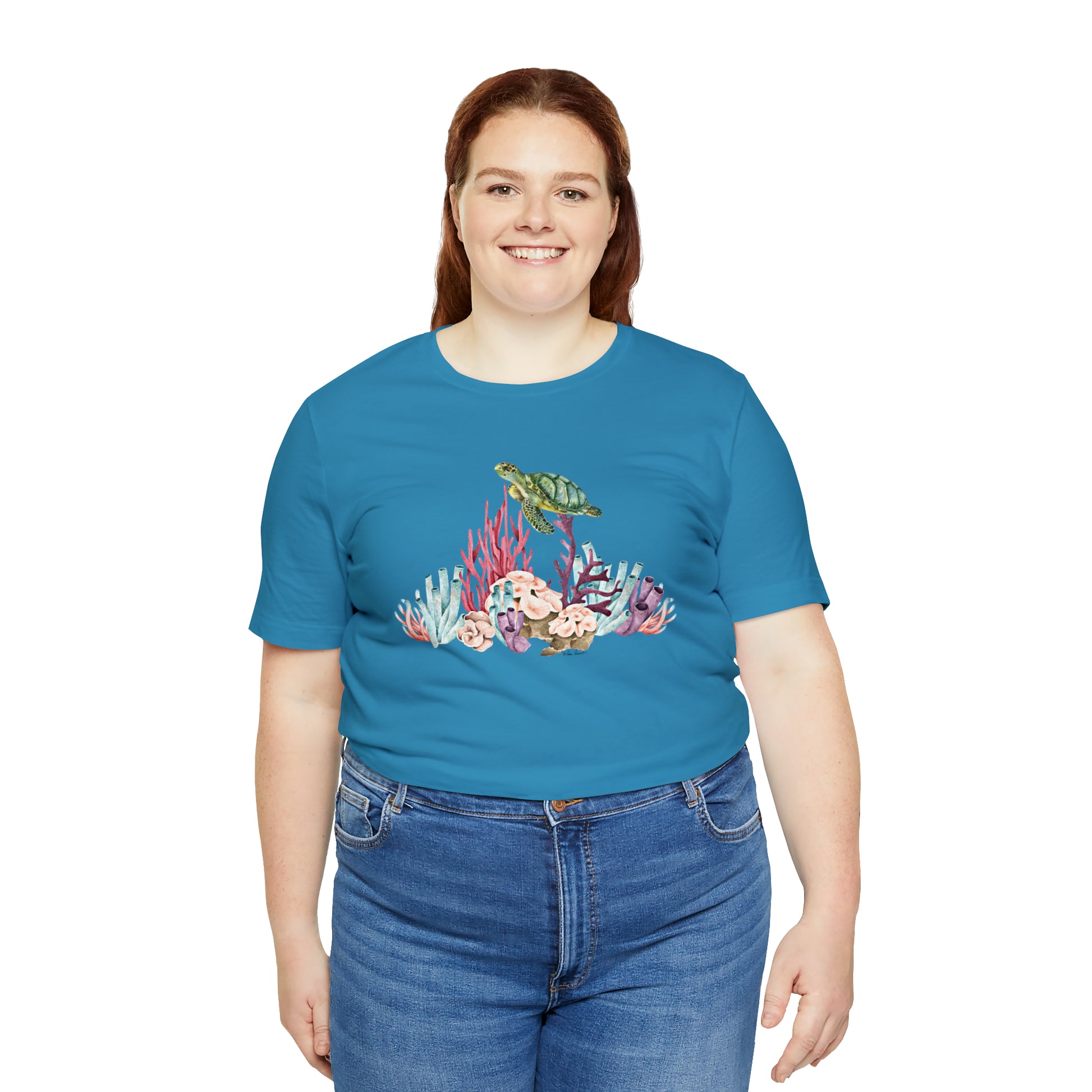 Mock up of a plus-size woman wearing the aqua shirt