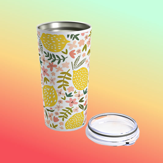 A Pink Lemon Tumbler: 20 oz.; Insulated; Stainless steel with a lid next to it.