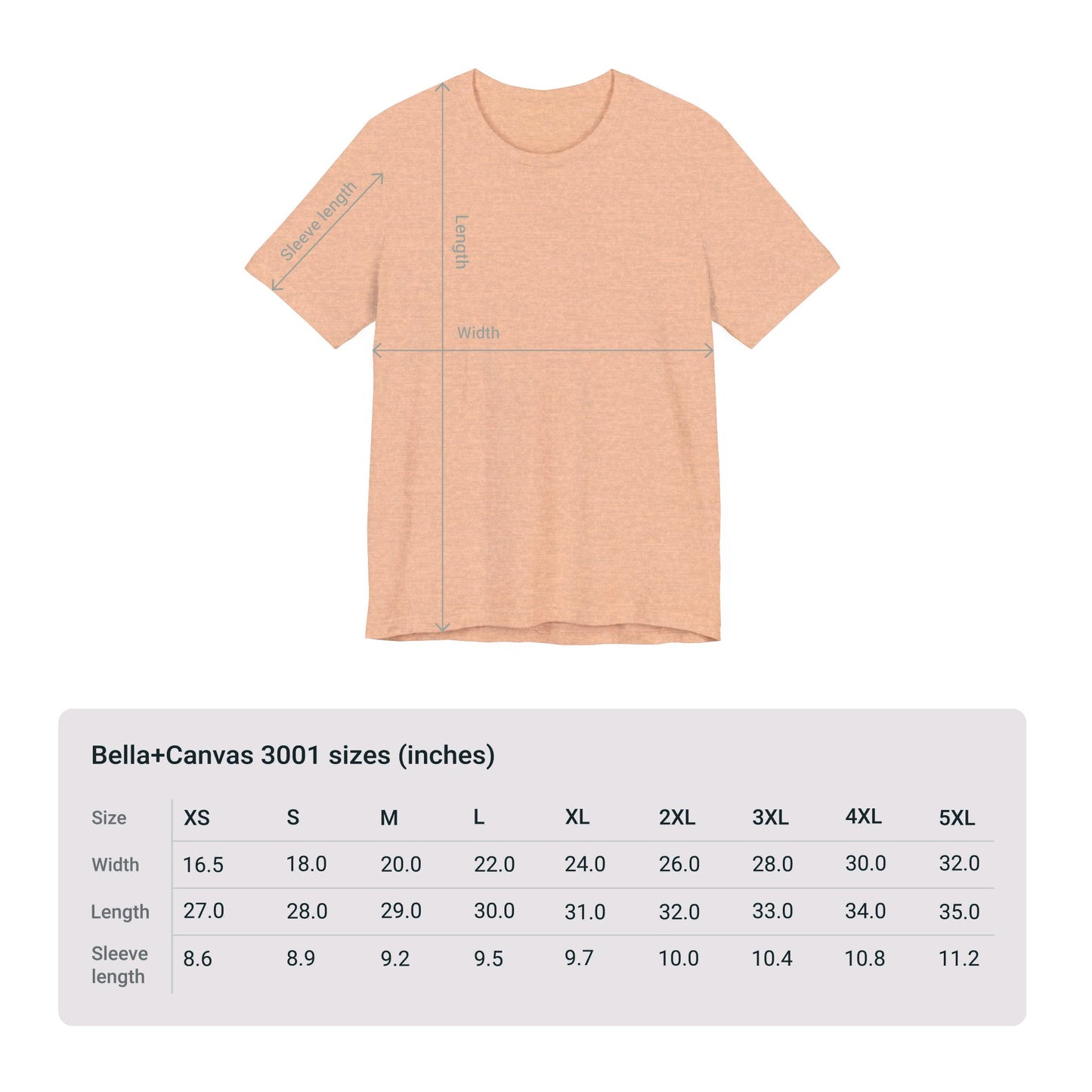 The Beige Unisex Kindness-Is-Cool T-shirt, crafted from soft cotton jersey by Bella+Canvas and available through Printify, features measurement lines for width and length. The size chart below provides dimensions in inches for width, length, and sleeve length across sizes ranging from XS to 5XL.