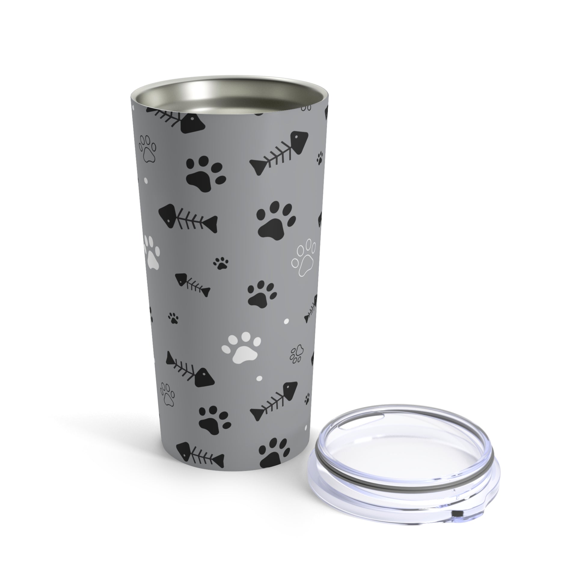 A grey Printify Cat Lover Tumbler: 20 oz.; Stainless steel; Insulated with a lid.
