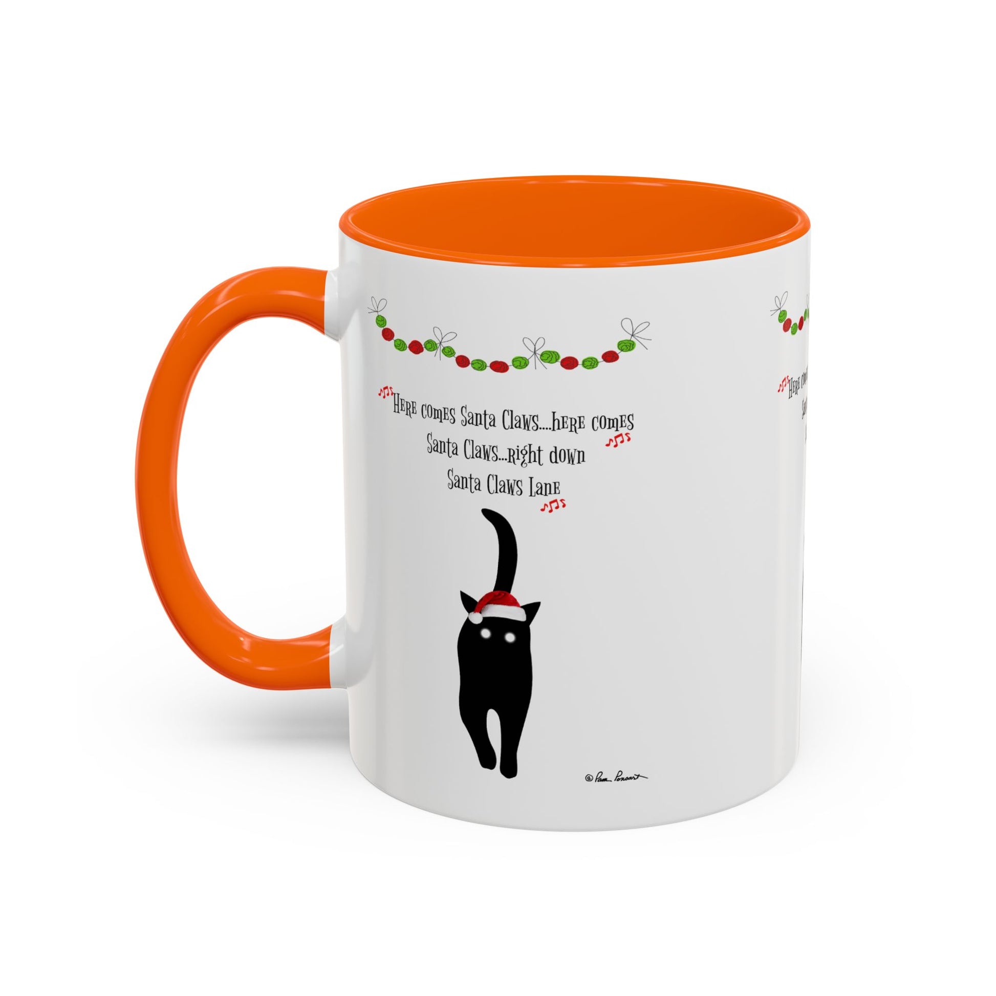 The Festive-Cat Accent Coffee Mug by Printify features a black cat in a Santa hat with festive text, orange handle and interior—a perfect holiday gift for cat lovers.