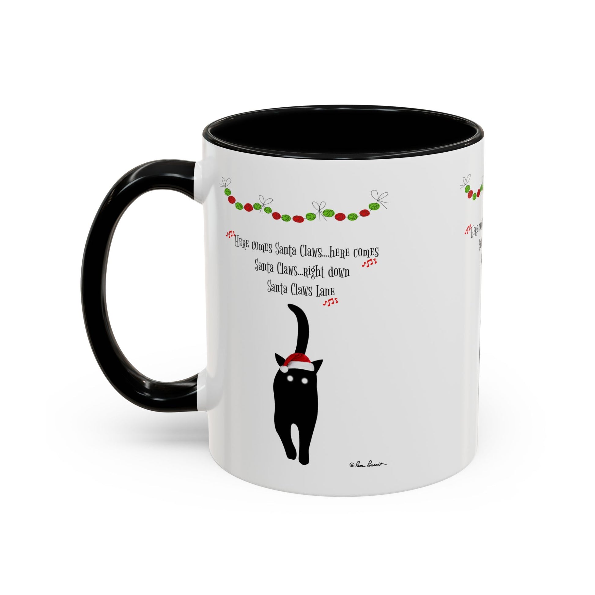 The Printify Festive-Cat Accent Coffee Mug is a white mug with a black handle, featuring a black cat in a Santa hat and garland, plus the lyrics "Here comes Santa Claus." It's the perfect holiday gift for cat lovers.