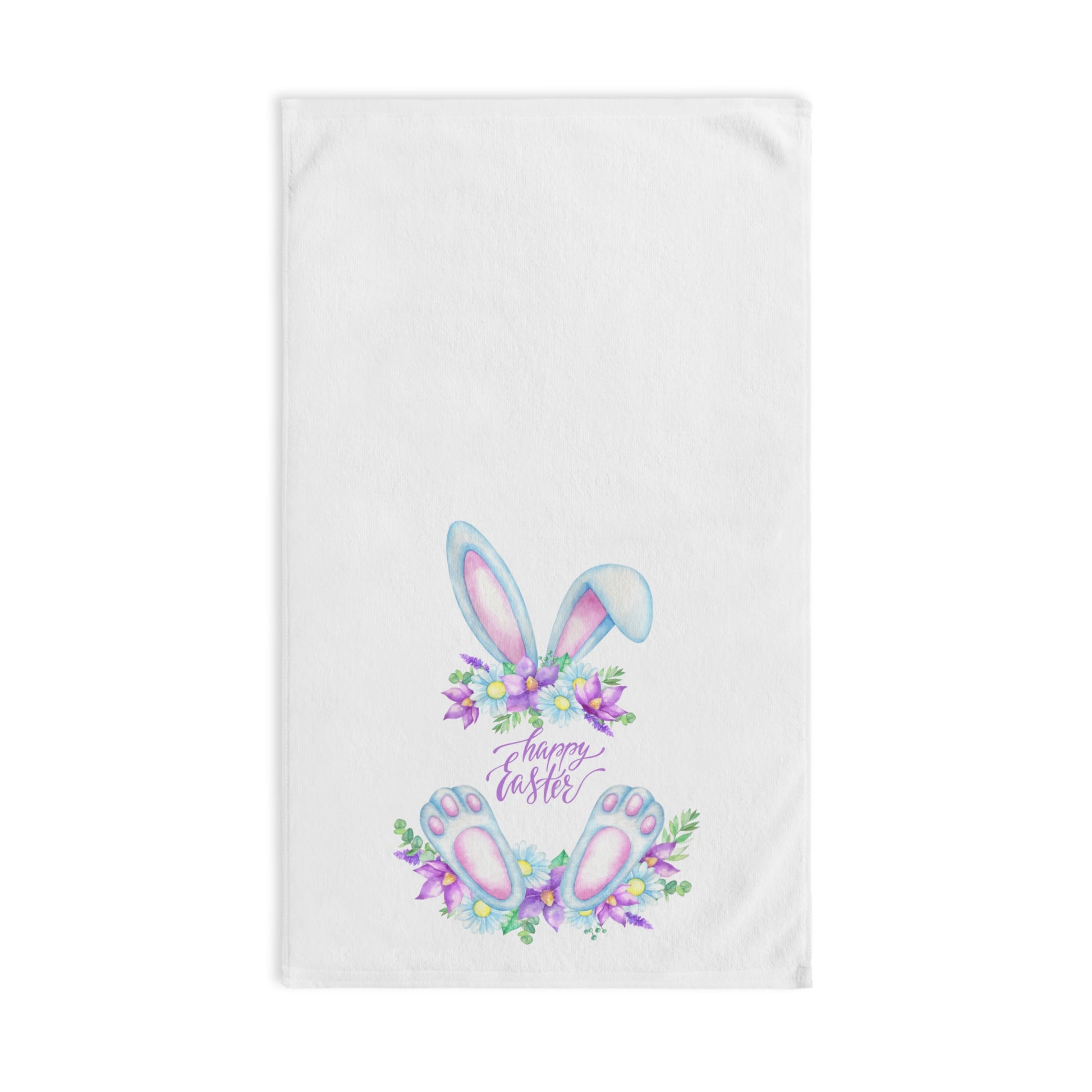 A white Printify Bathroom Hand Towel with an easter bunny on it adds a festive touch to your decor.