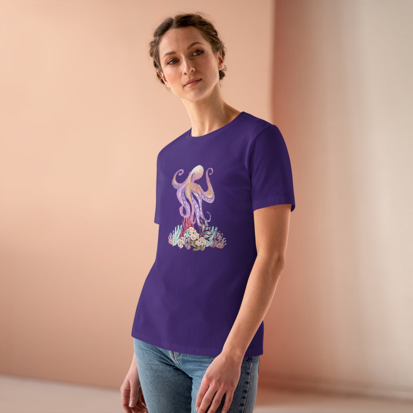 Mock up of a woman wearing the Purple t-shirt
