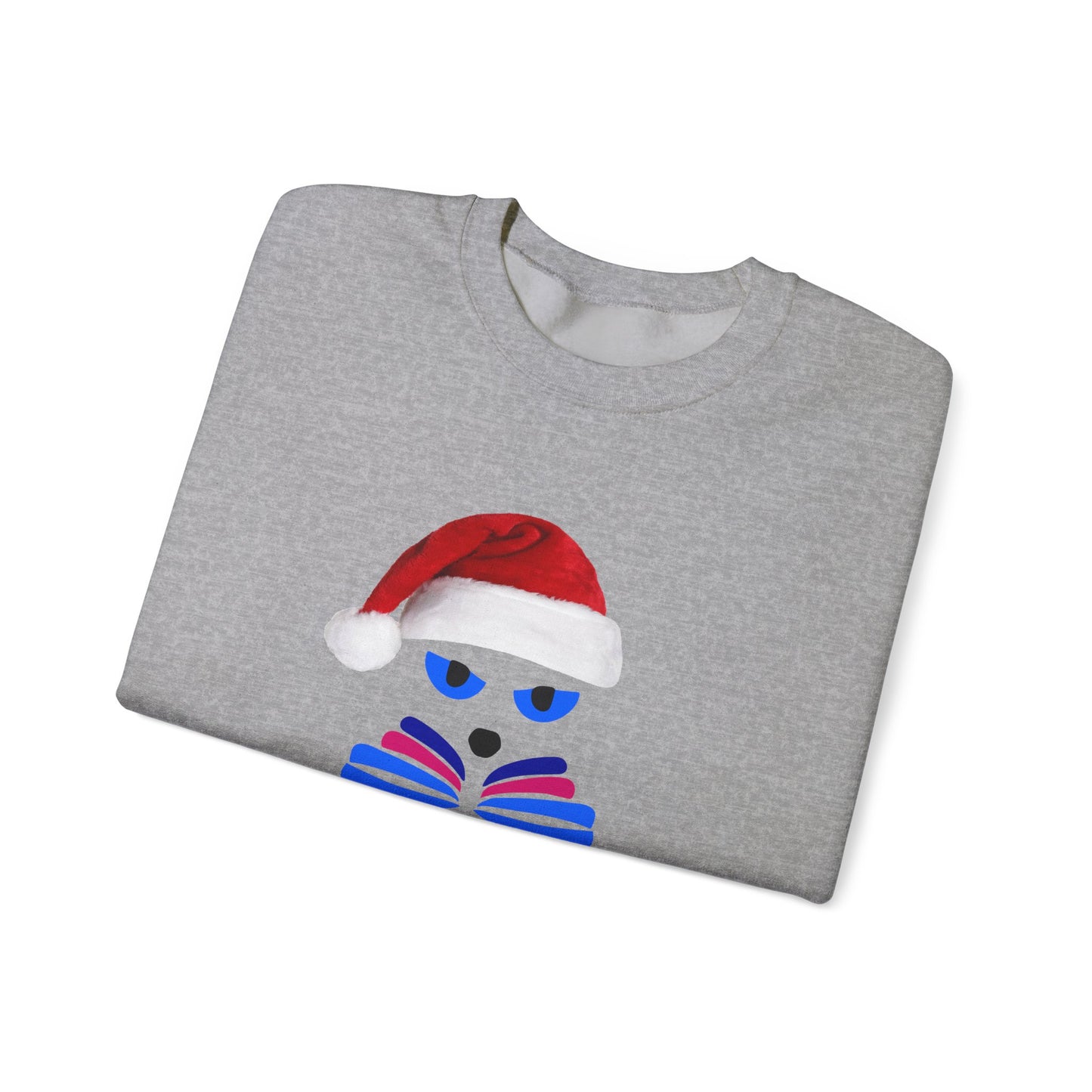 The Santa Cat Sweatshirt by Printify is a festive unisex crewneck in gray, featuring a graphic of a cat in a Santa hat and blue glasses holding a book.