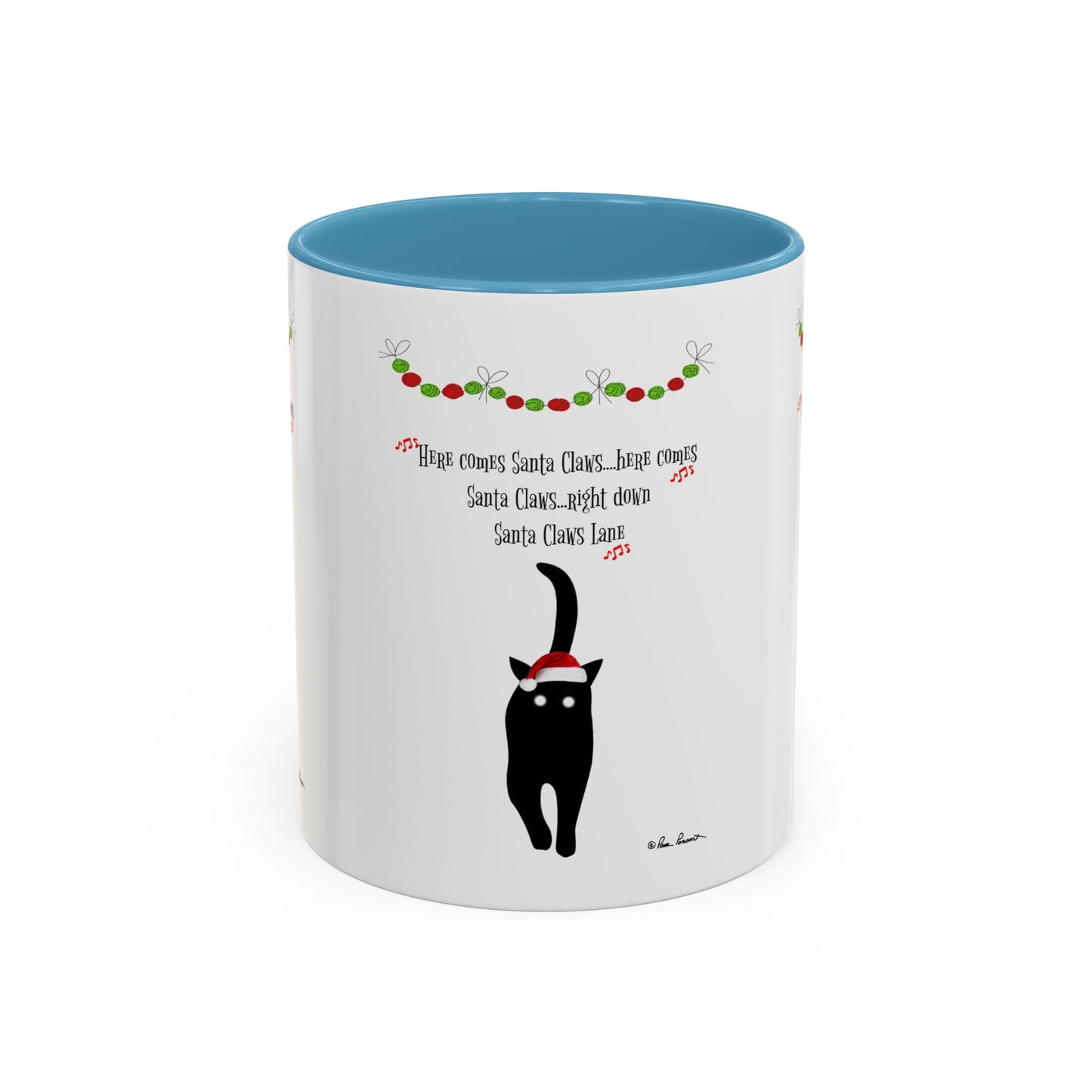 Enjoy your holiday drinks with the Festive-Cat Accent Coffee Mug by Printify, featuring a black cat in a Santa hat and festive garlands—a perfect holiday gift for cat lovers and a cheerful addition to any coffee mug collection!.