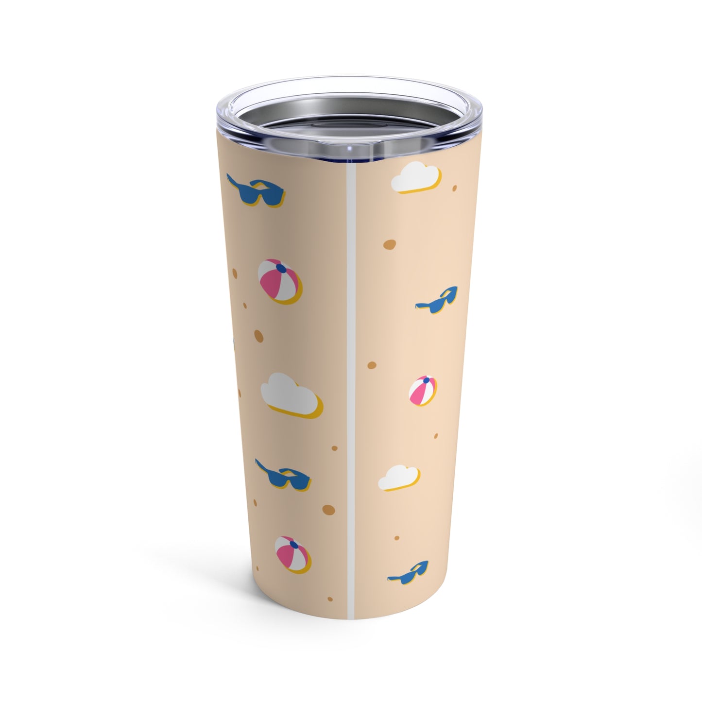 A beige, dishwasher safe Pink Summer Tumbler with a beach theme.
