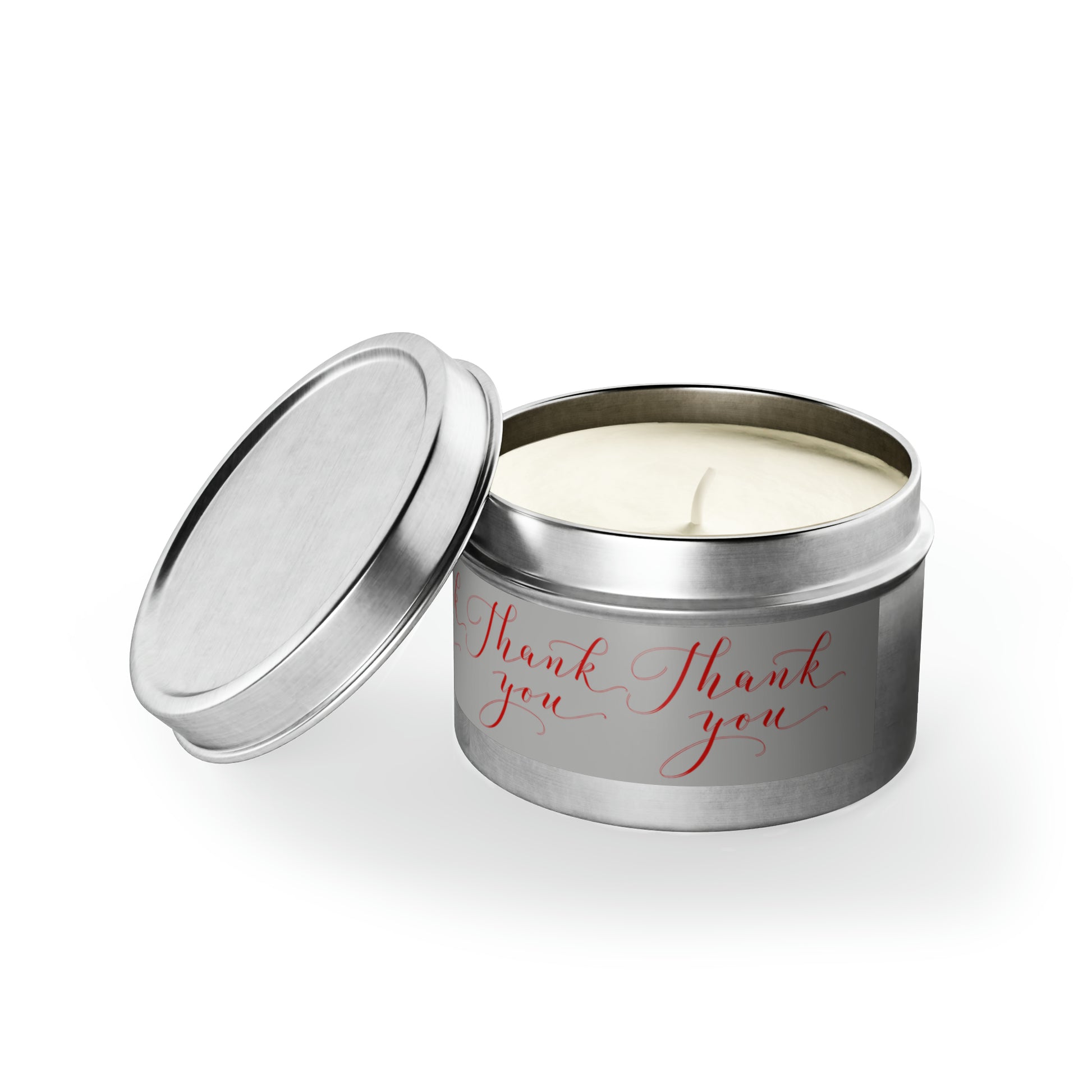 A Printify scented tin candle: 4 oz.; 2 fragrances; Silver; Thank you, made with natural soy wax.