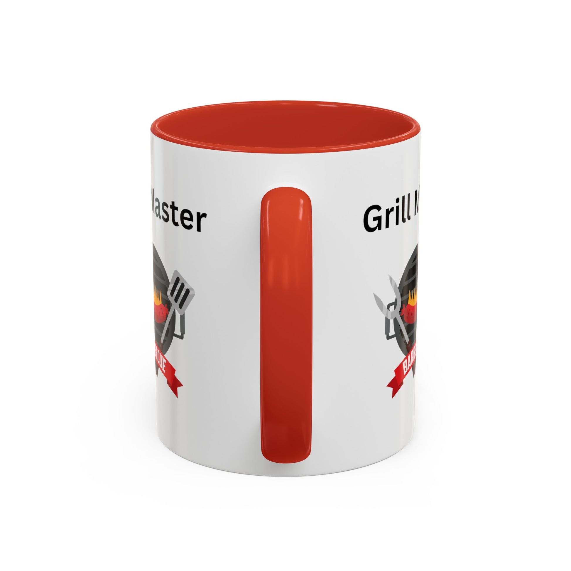 Printify's Grill Master Mug: Unisex; 11 oz; Ceramic; Graphics; Accented is an American-made white mug with a red interior and handle, featuring "Grill Master" text and a grilling-themed graphic, including a spatula, fork, and barbecue grill.