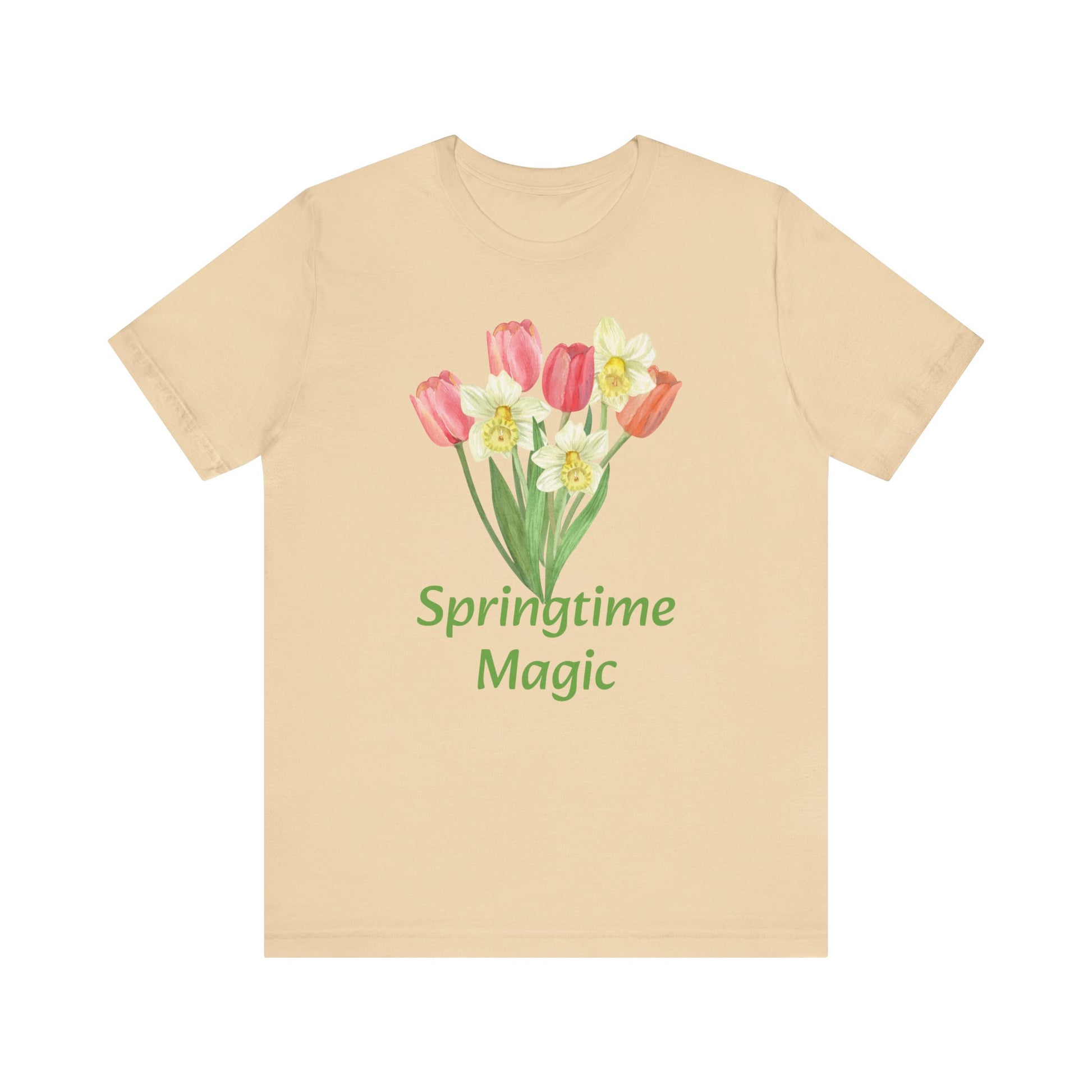 Beige cotton t-shirt with a floral design and the words "springtime magic" - Unisex Springtime-Magic T-shirt: Cotton; Bella + Canvas from Printify.