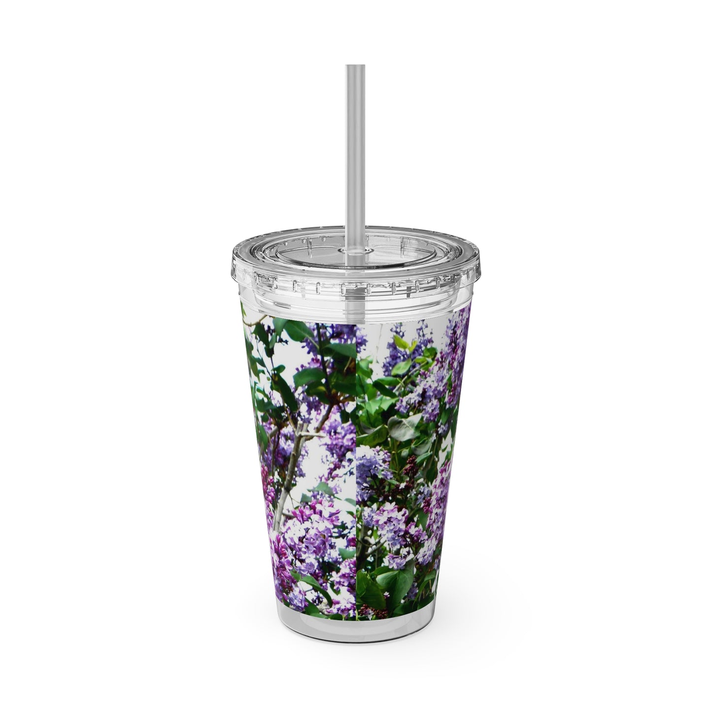 A Purple Lilacs Tumbler with a straw by Printify.
