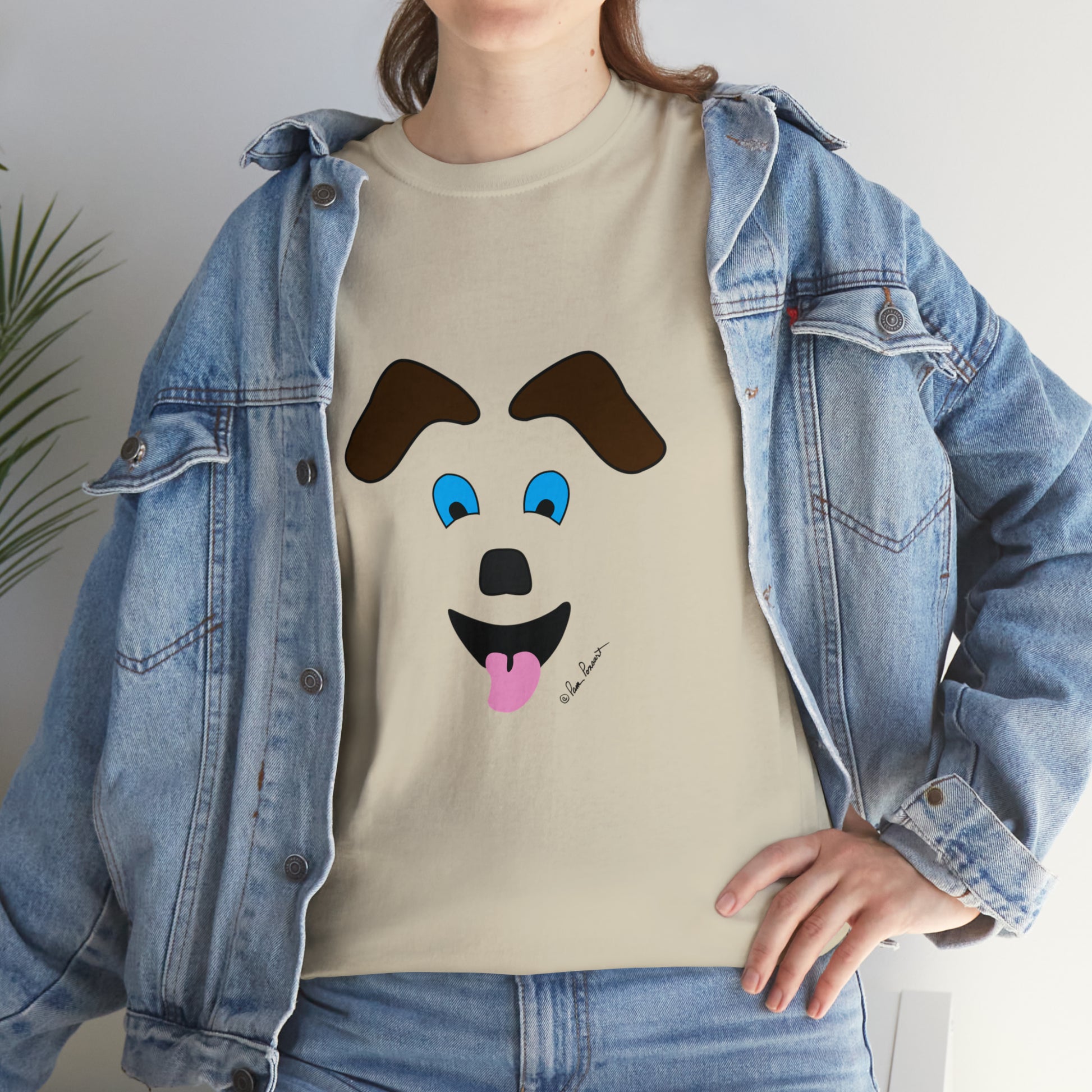 Mock up of a woman wearing the Sand colored shirt under a denim jacket