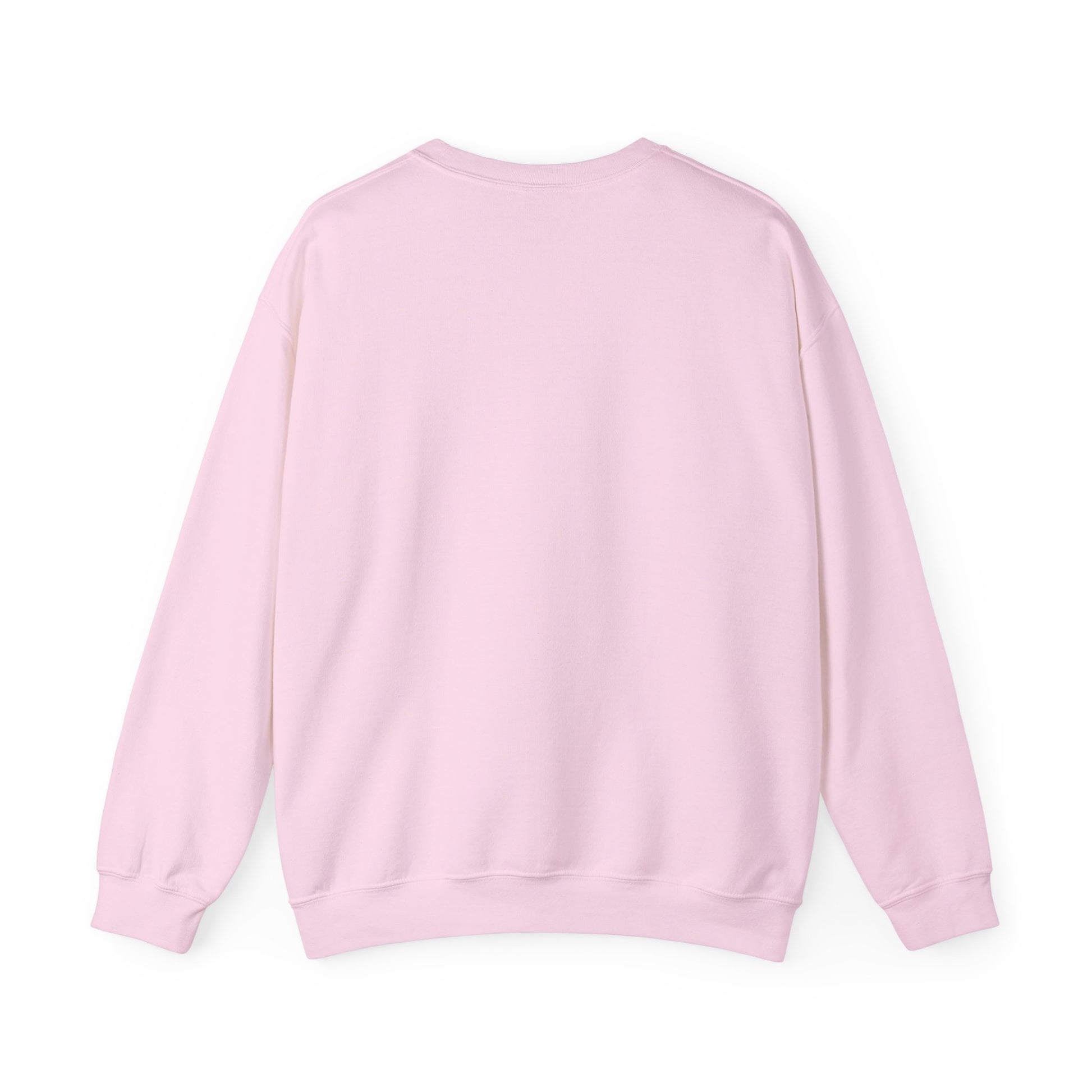 The Santa Cat Sweatshirt by Printify features a festive graphic on a light pink crewneck, shown laid flat with the back facing up against a white background—perfect for holiday celebrations.