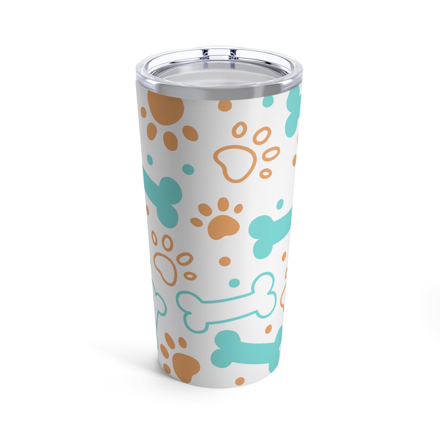 A Printify Dog Lover Tumbler with paw prints and dog paws.