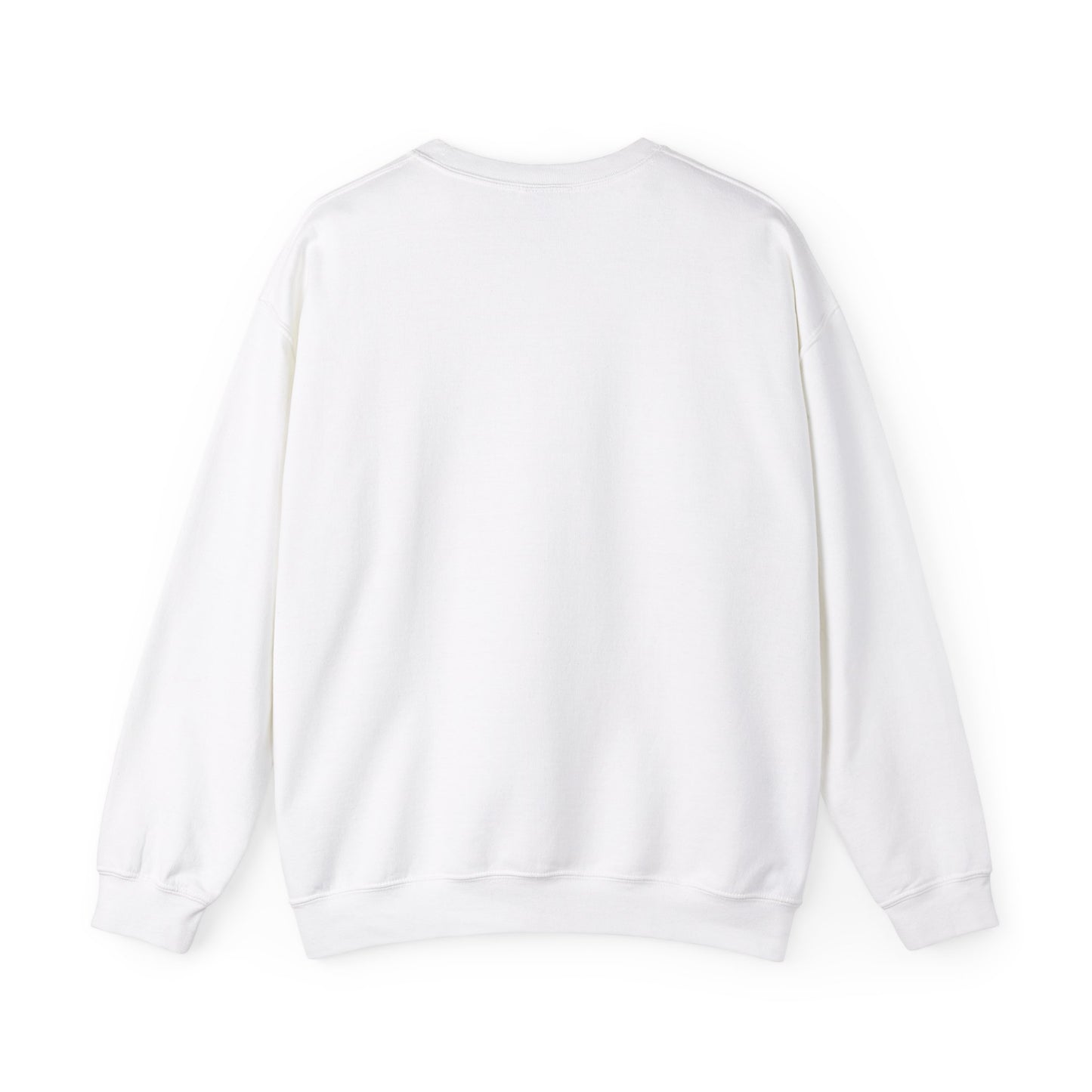 The Charming Snowman Crewneck Sweatshirt by Printify, unisex and from the Gildan brand, is elegantly displayed with its plain white design showcasing the back against a pristine white background.