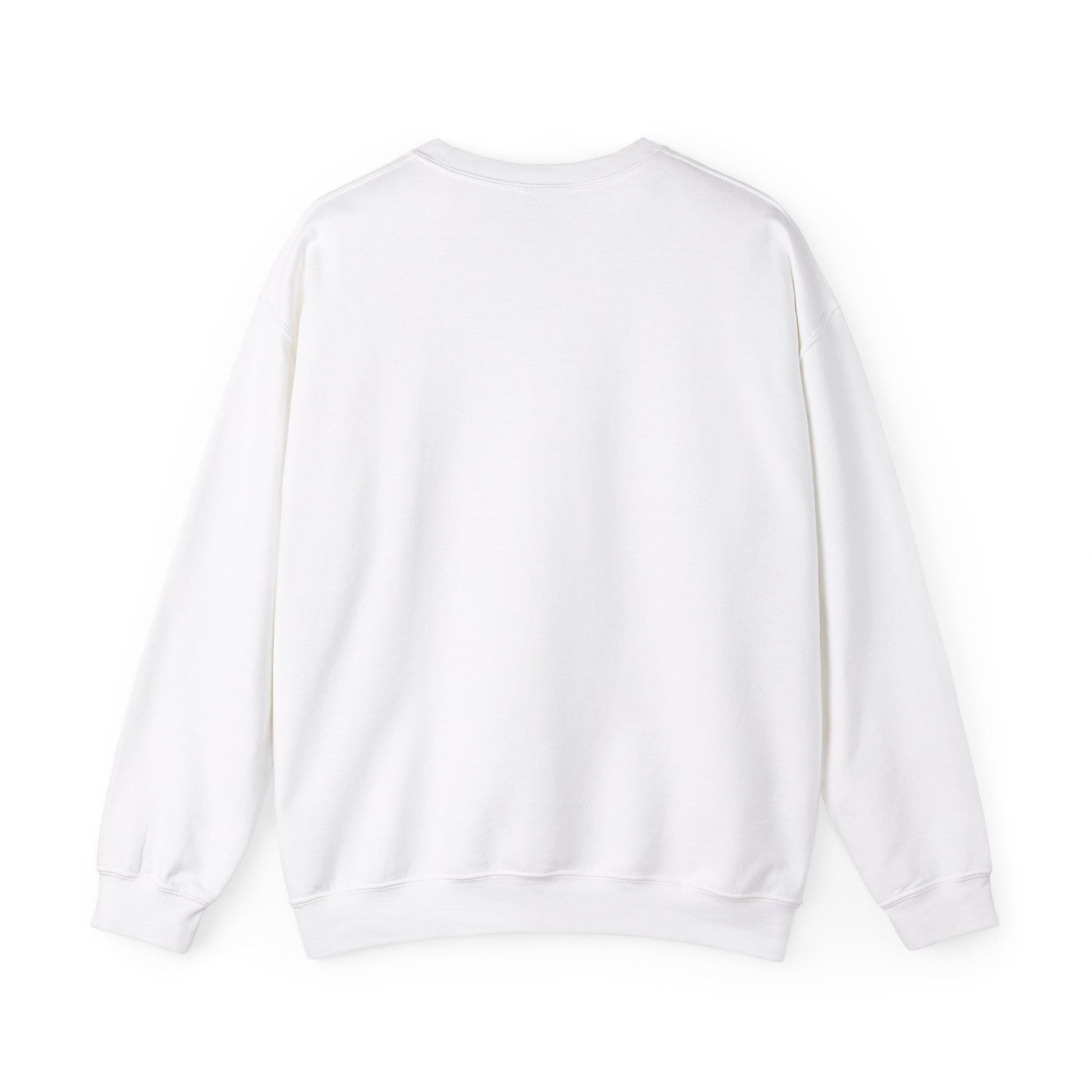 The Charming Snowman Crewneck Sweatshirt by Printify, unisex and from the Gildan brand, is elegantly displayed with its plain white design showcasing the back against a pristine white background.