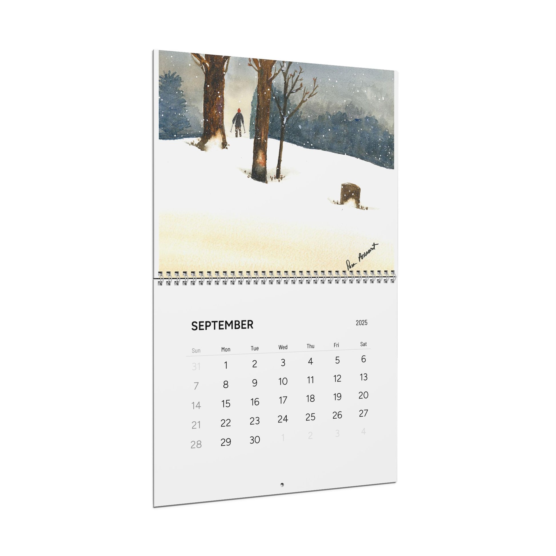 Introducing the 2025 Nature-Themed Wall Calendar by Printify, featuring a beautiful watercolor painting of a snowy landscape with trees and a distant figure. Available in two sizes.