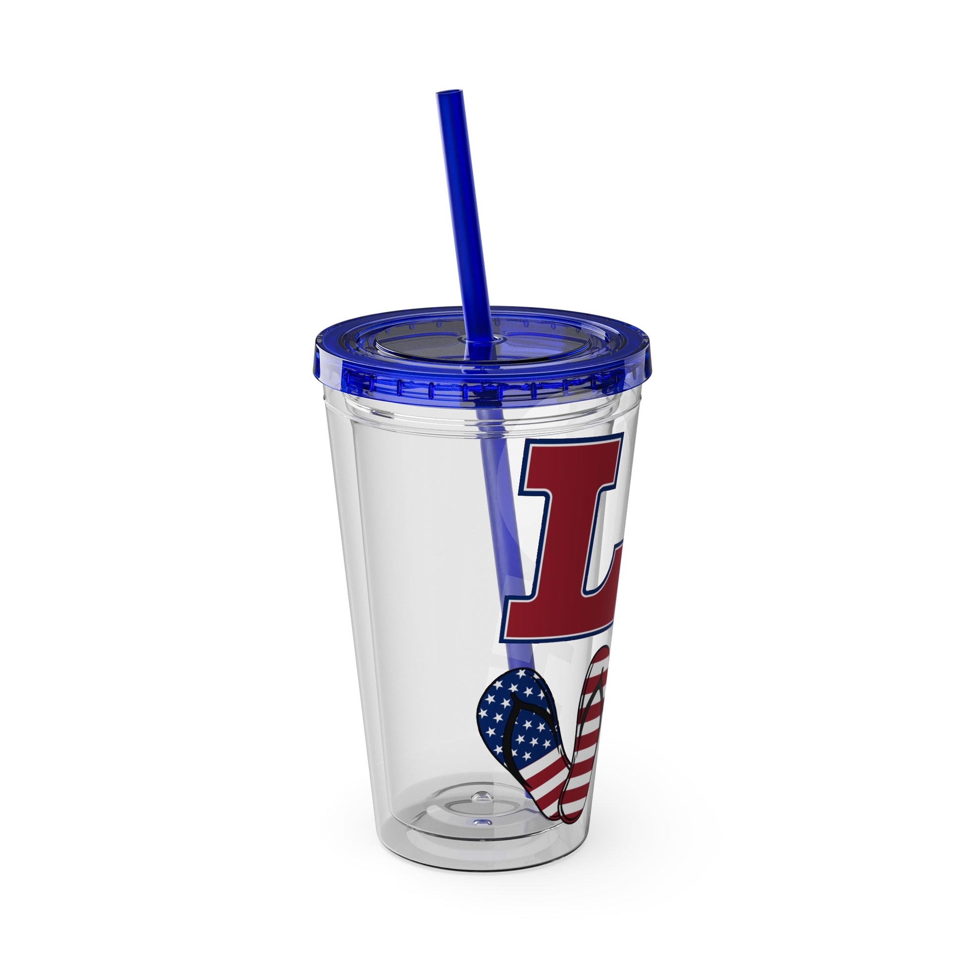 A patriotic-themed Love USA Tumbler with a straw and lid by Printify.