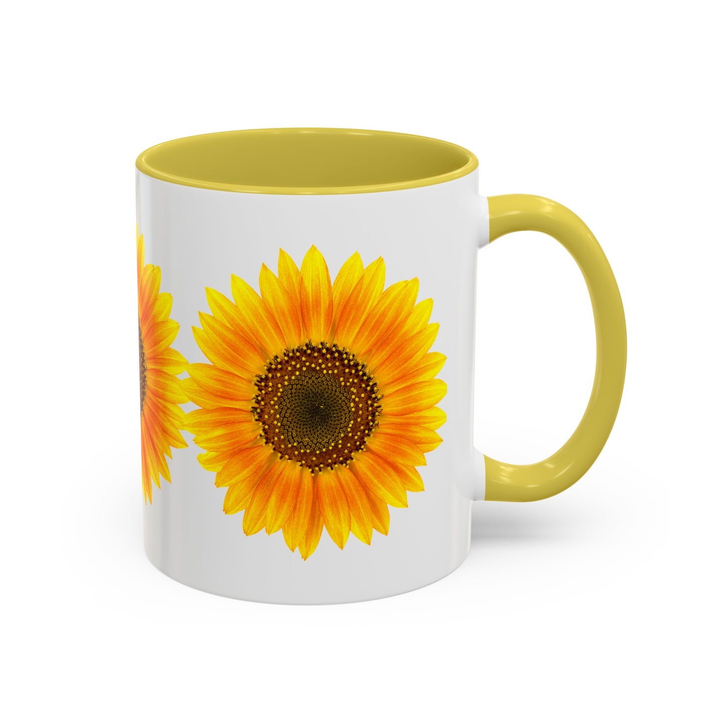 The Printify Sunflower Coffee Mug: Bright Floral is an 11oz ceramic cup with a yellow handle and interior, ORCA coated, and features a large sunflower design—perfect for brightening your day.