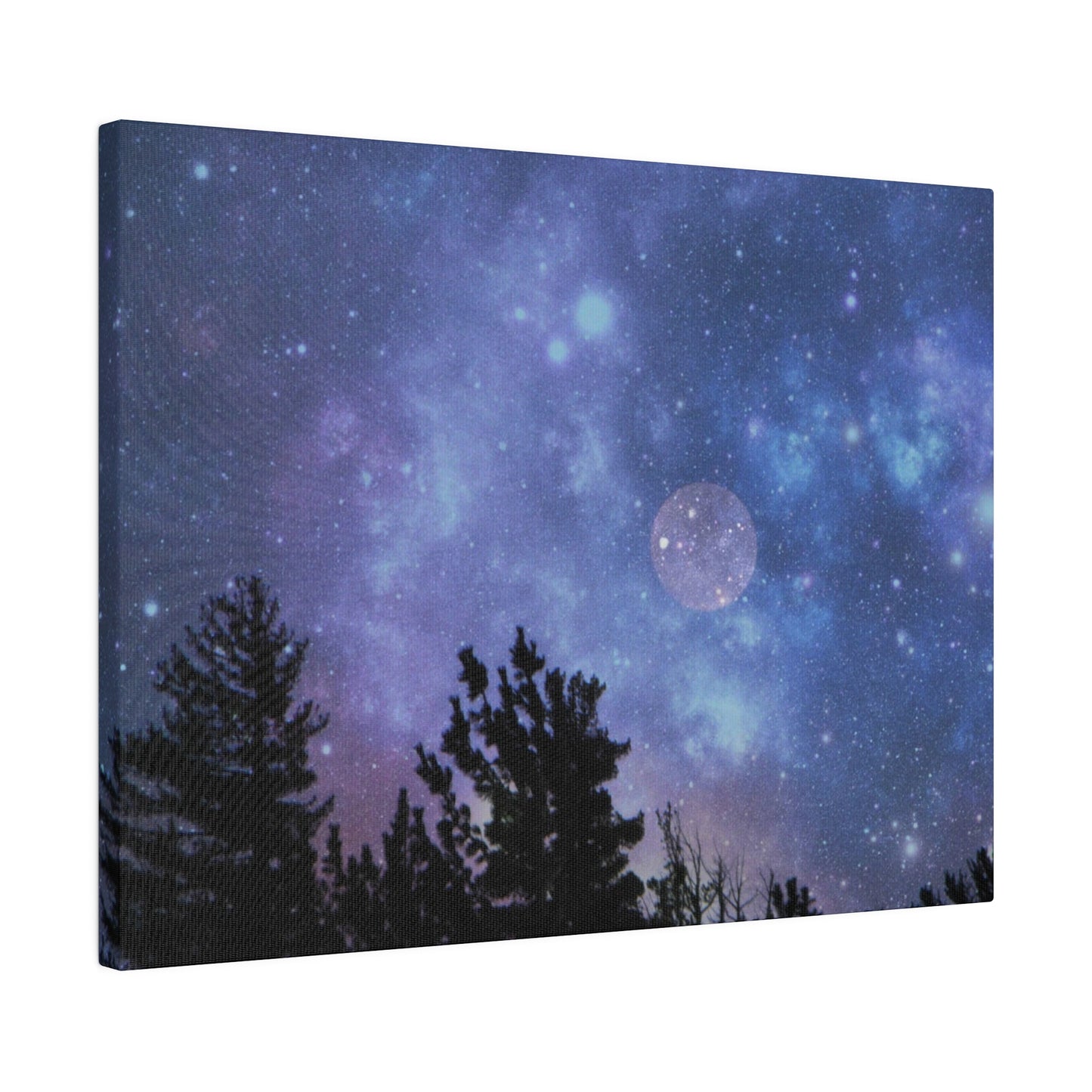 Canvas print of a night sky with stars and a full moon, silhouetted by pine tree outlines, presented on a Printify Blue-Moon Matte Canvas and encased in a radial pine frame sourced from.