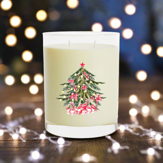 The Holiday Scented Candle by Printify is crafted from premium soy wax and features a charming Christmas tree design on the front, beautifully set against blurred string lights on a wooden surface. It comes in an 11 oz. glass container.