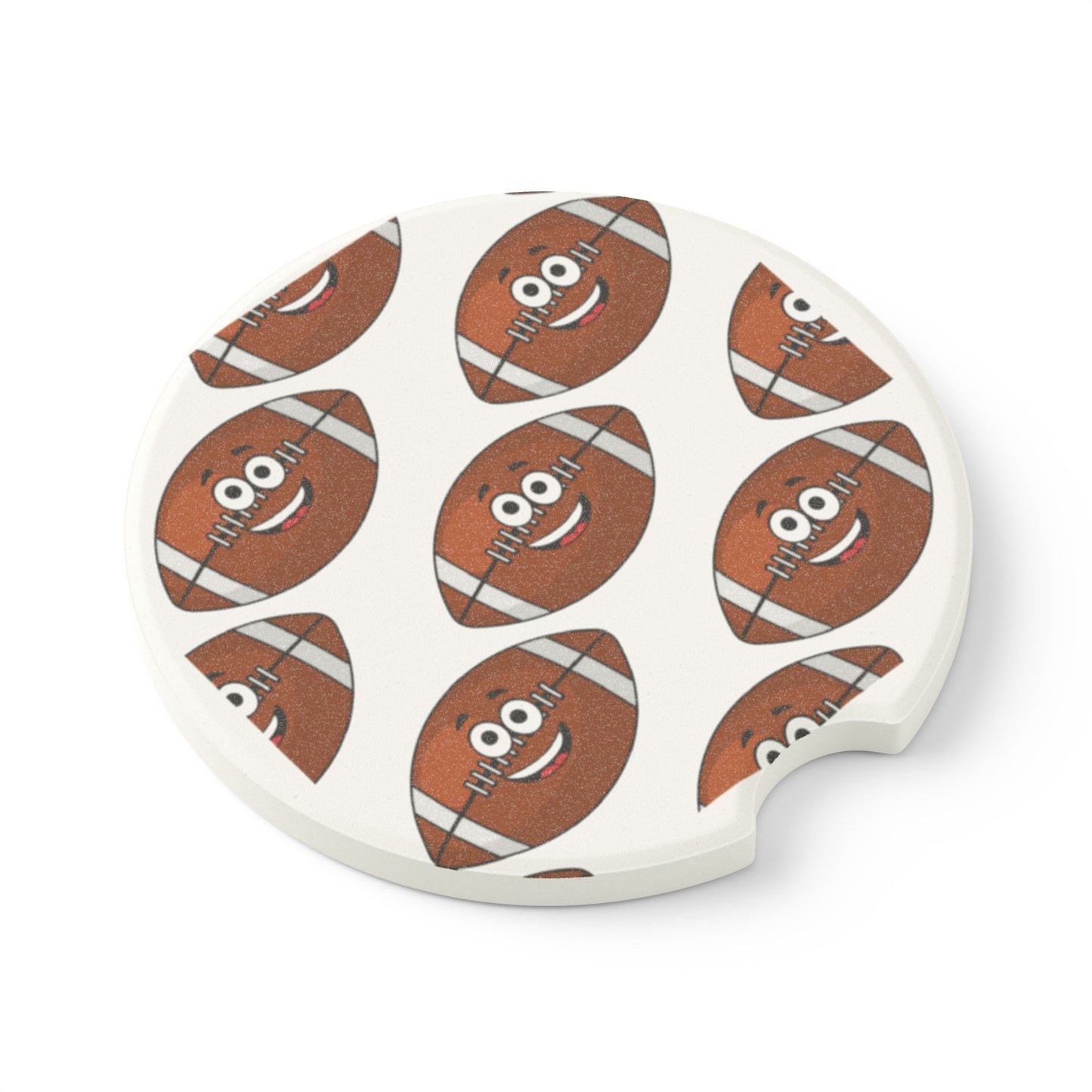 Great for sports enthusiasts, the Funny Football Car Coasters by Printify are designed with a playful pattern of cartoon footballs, each featuring eyes and a smiling mouth. These absorbent unisex coasters come in sets of 1-2 pieces and make an ideal accessory to add a fun touch to your vehicle or enhance tailgating parties.