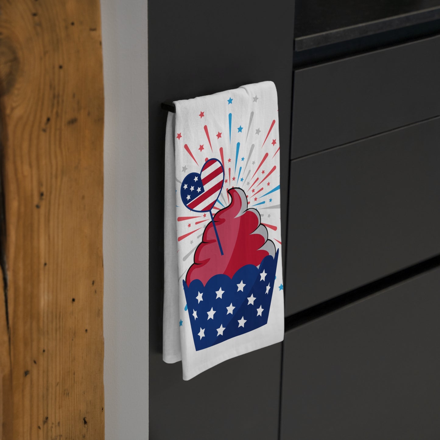 A festive touch of a Printify 100% cotton Decorative Kitchen Towel: Large 28" x 28"; Cotton; Patriotic on a cabinet.