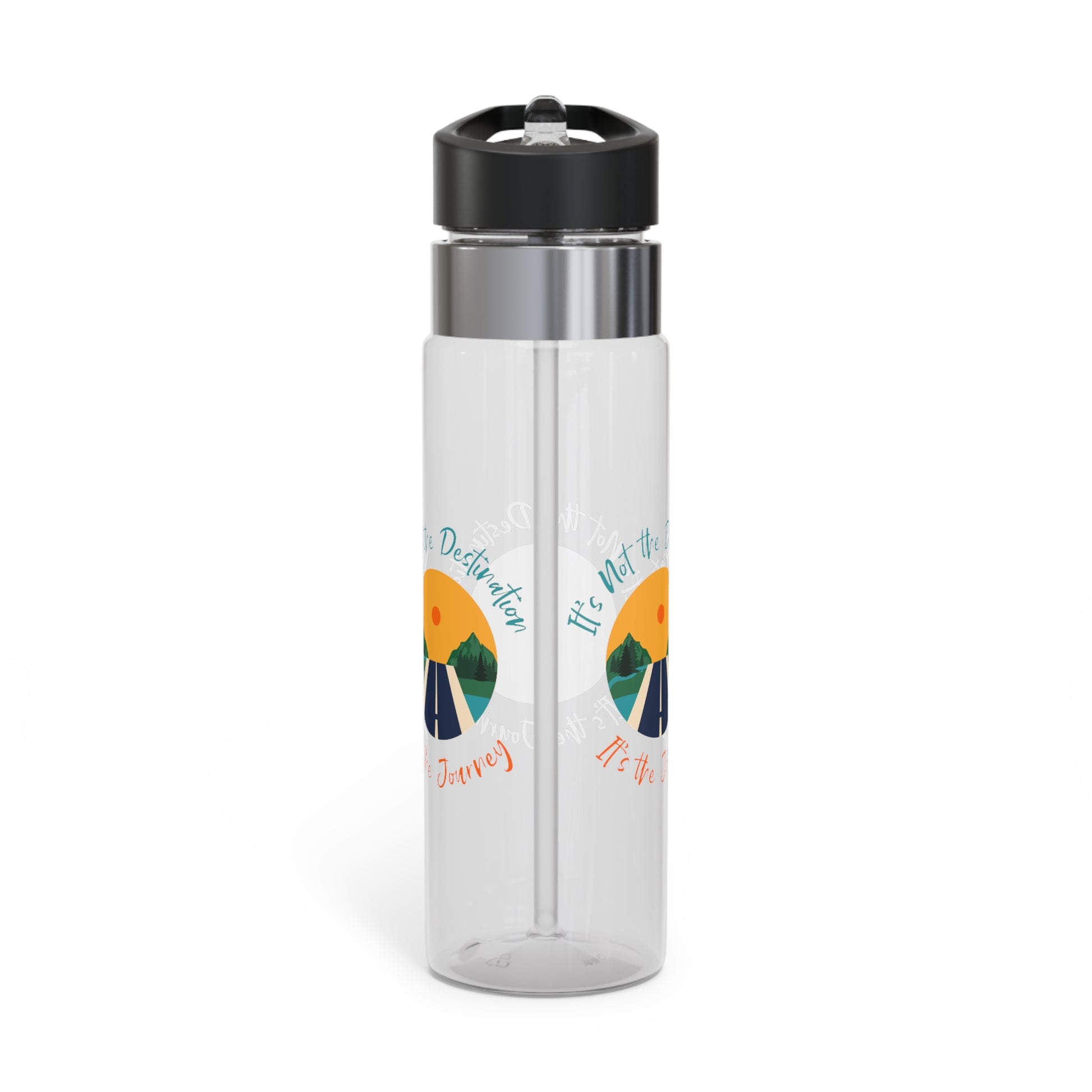 Clear Kensington Tritan™ BPA-free water bottle with black lid and printed inspirational text "it's the hydration for me" alongside two orange fruit graphics.