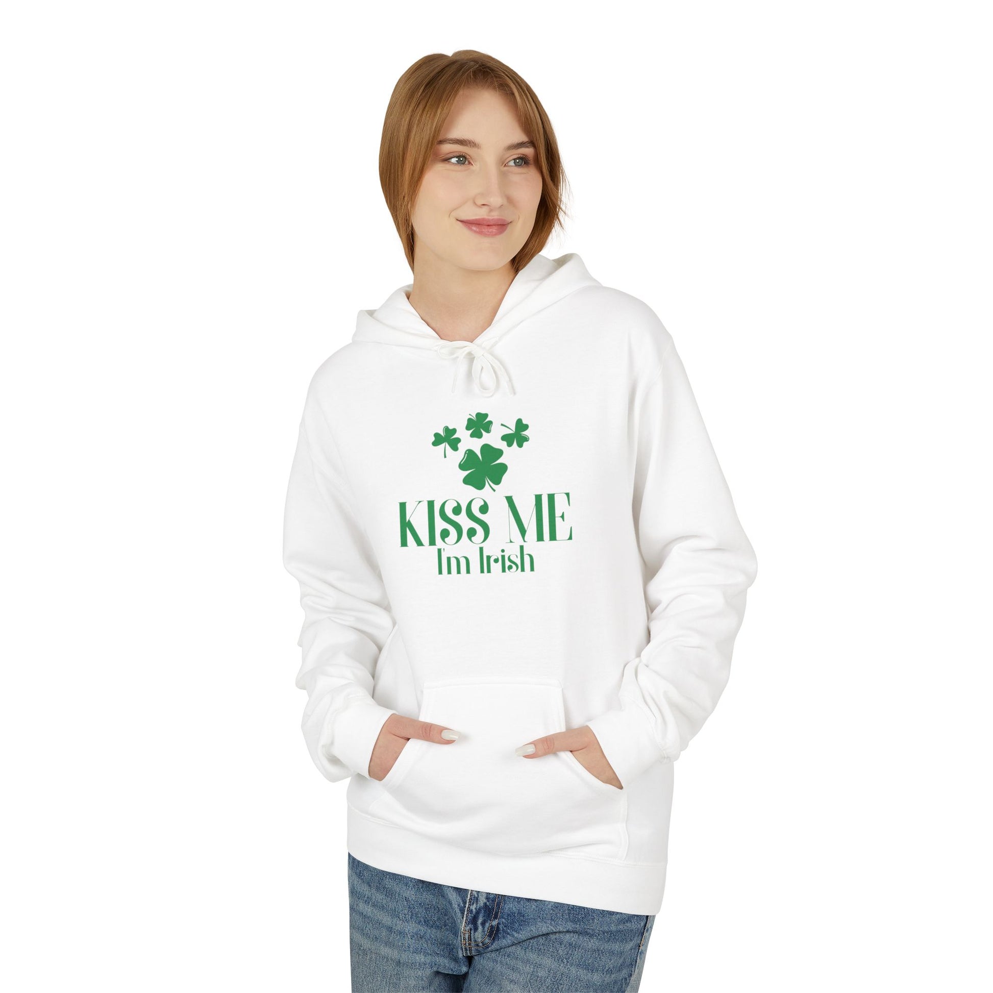 Wearing the Printify Kiss-Me I'm Irish Hoodie: St. Patricks Day Shamrock Pullover, a white hoodie with green shamrocks and "Kiss Me I'm Irish" on the front, this person celebrates Irish pride in festive St. Patrick's Day style.